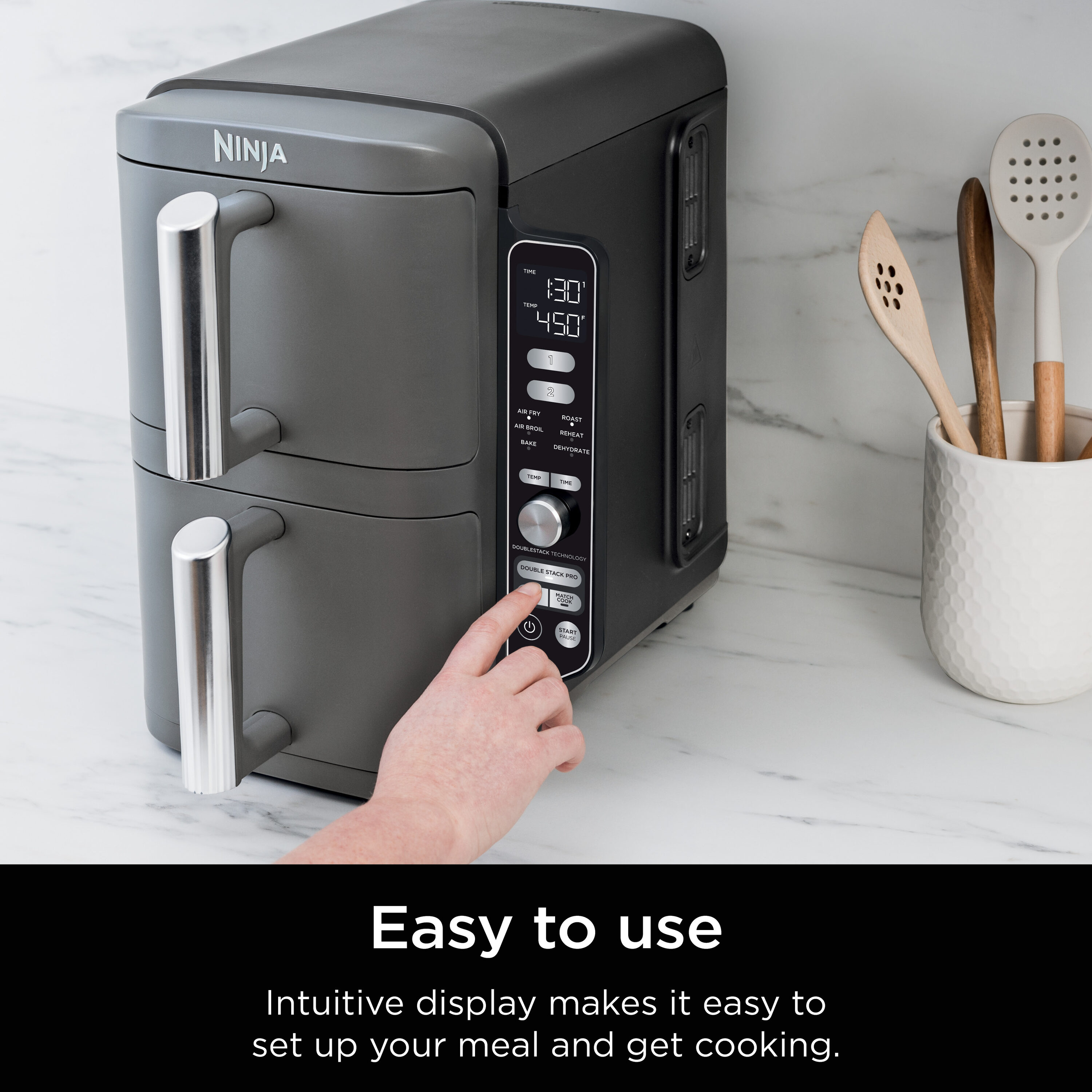 Freidora de Aire Ninja DoubleStack XL con 2 Canastas para Cocinar 4 Platillos Ahorrando Espacio de 10 Cuartos en Negro con Control Táctil - Modelo SL401