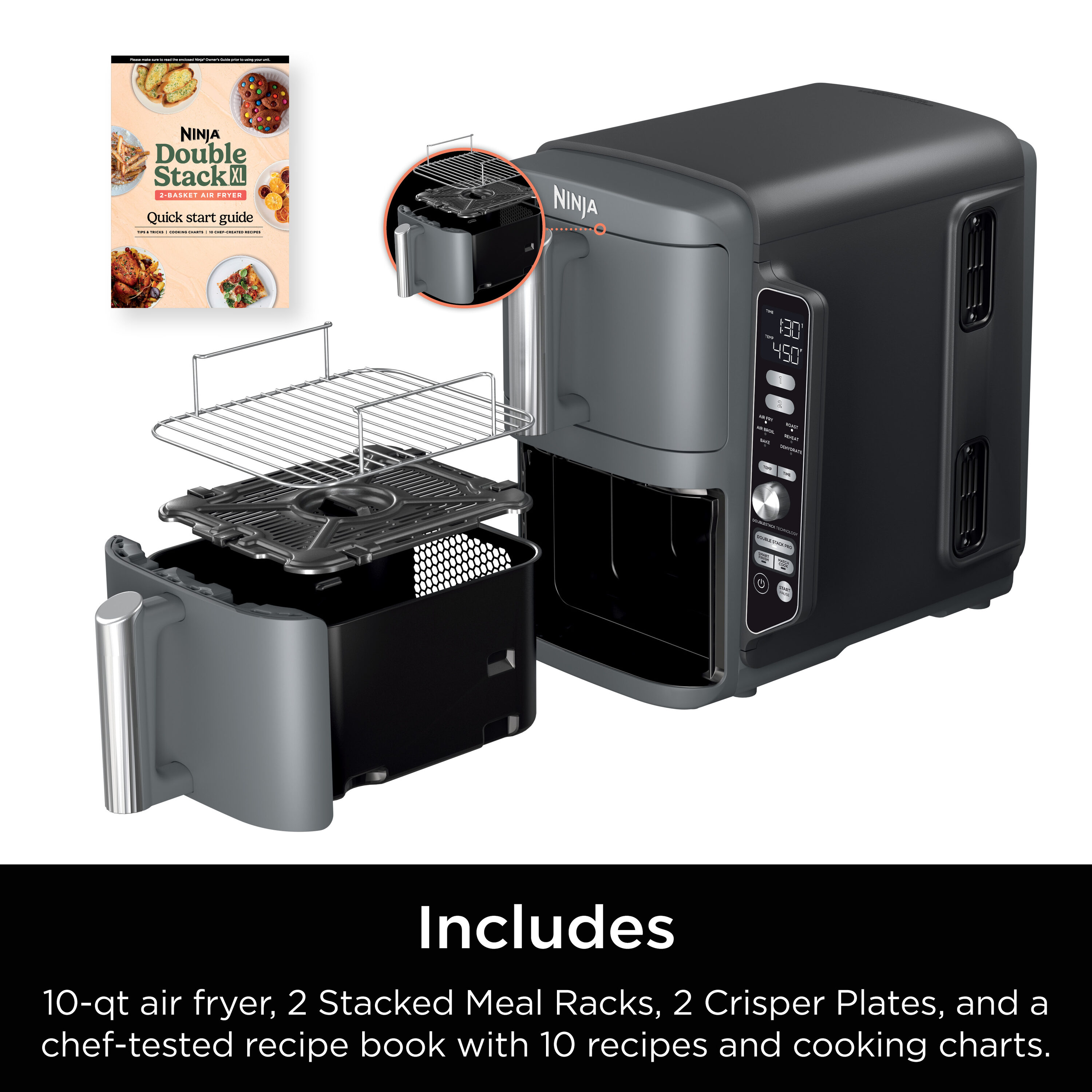 Freidora de Aire Ninja DoubleStack XL con 2 Canastas para Cocinar 4 Platillos Ahorrando Espacio de 10 Cuartos en Negro con Control Táctil - Modelo SL401