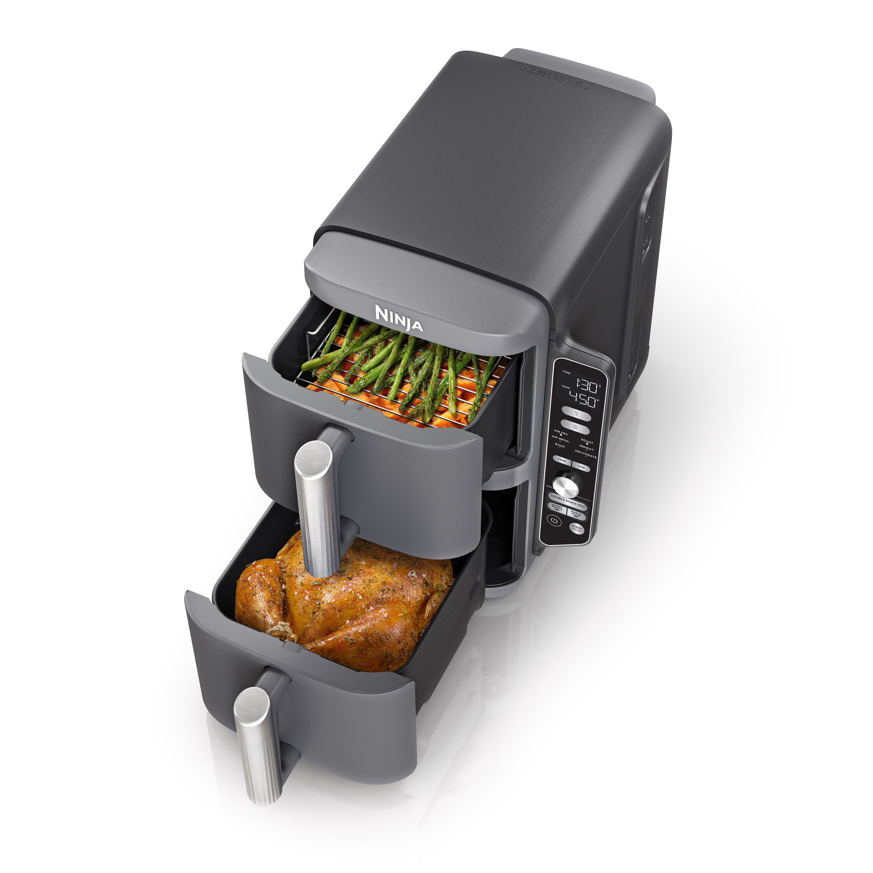 Freidora de Aire Ninja DoubleStack XL con 2 Canastas para Cocinar 4 Platillos Ahorrando Espacio de 10 Cuartos en Negro con Control Táctil - Modelo SL401