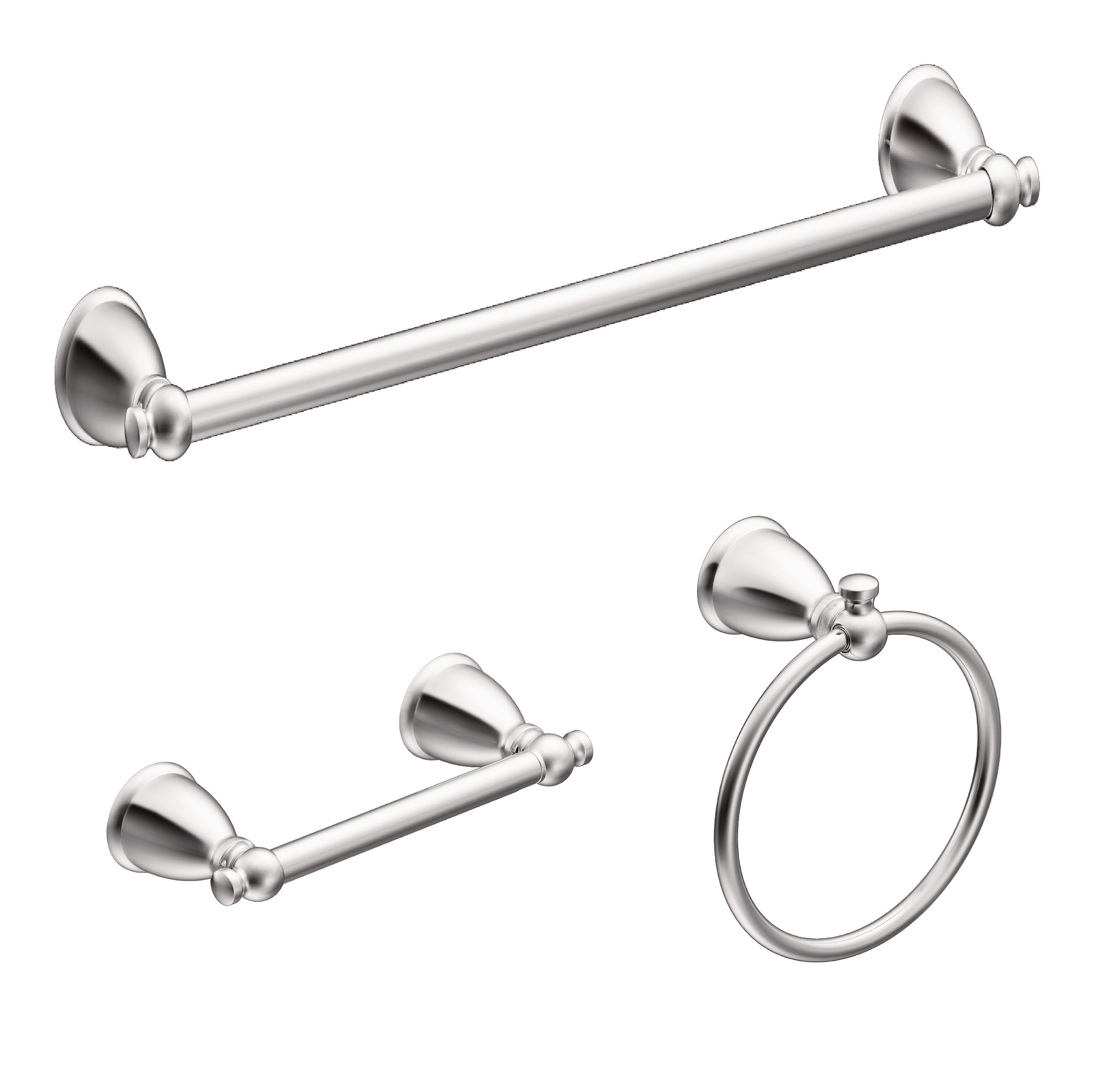 Set de 3 piezas de herrajes decorativos para baño en cromo Caldwell de Moen, incluye barra de toallas y argolla para toallas.