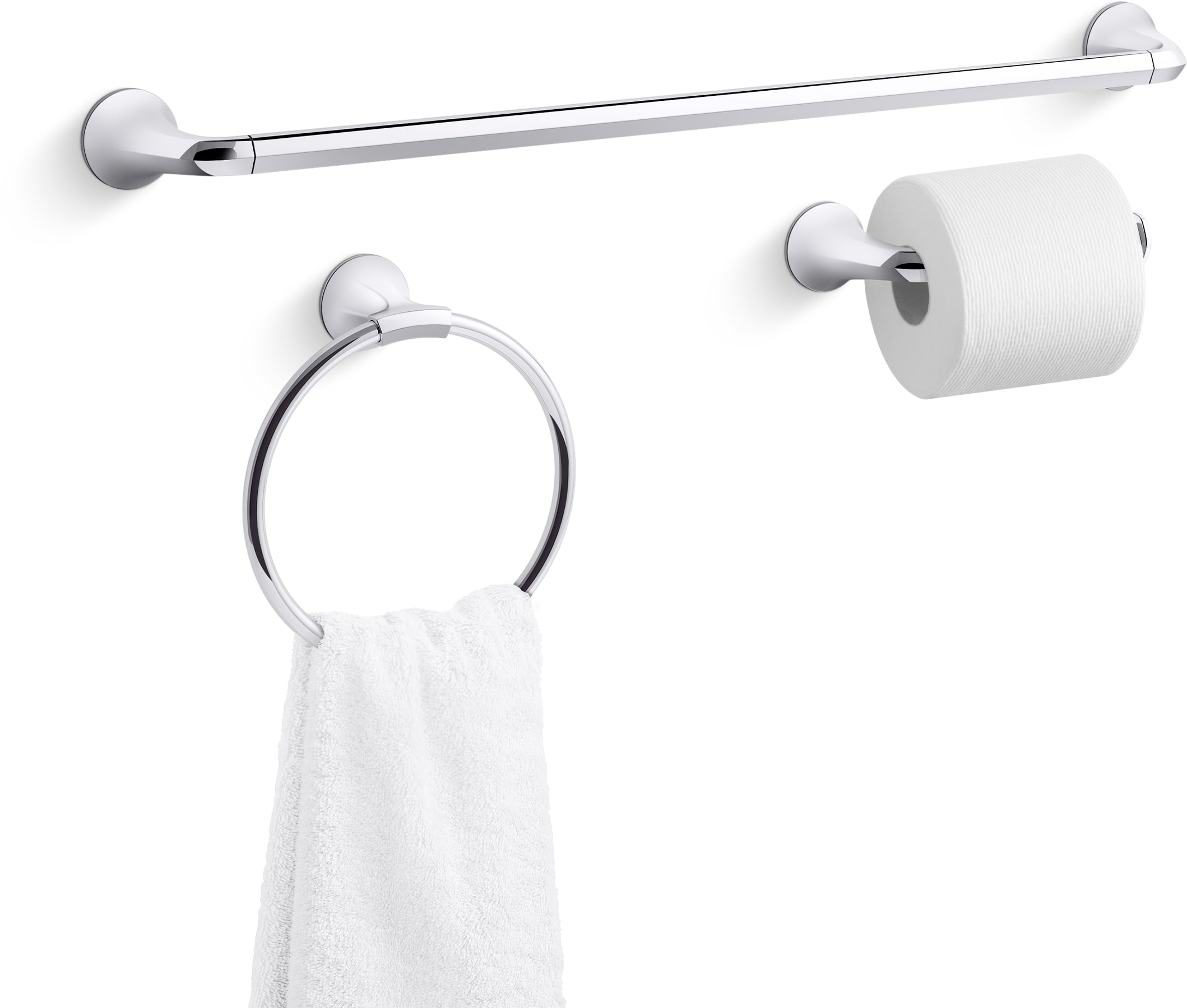 Juego de Accesorios para Baño de 3 Piezas en Cromo Pulido Desette de KOHLER con Barra de Toallas, Portarrollos y Argolla para Toallas Incluidos REC29193-CP