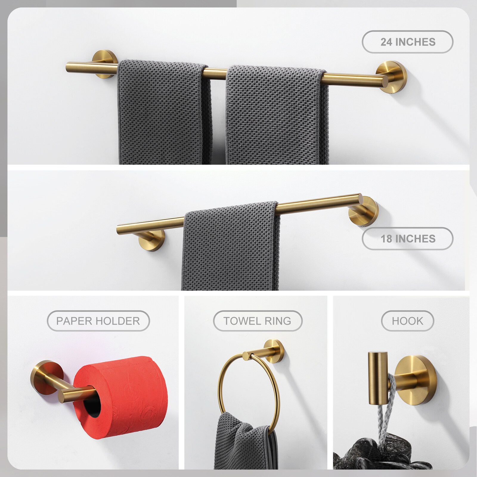 Set de accesorios para baño de 6 piezas en dorado WOWOW, incluye barra para toallas, porta papel higiénico, anillo para toallas y gancho para batas 410016G-LW