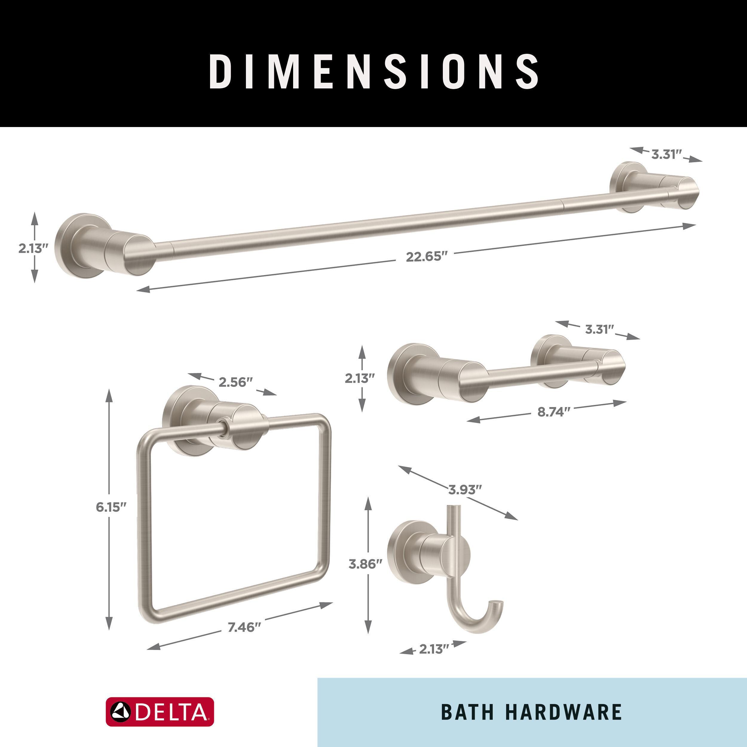 Juego de Accesorios Decorativos para Baño de Níquel Cepillado con Tecnología SpotShield de 4 Piezas Delta, Incluye Barra para Toallas, Porta Papel, Anillo para Toallas y Gancho para Batas NIC64-DN