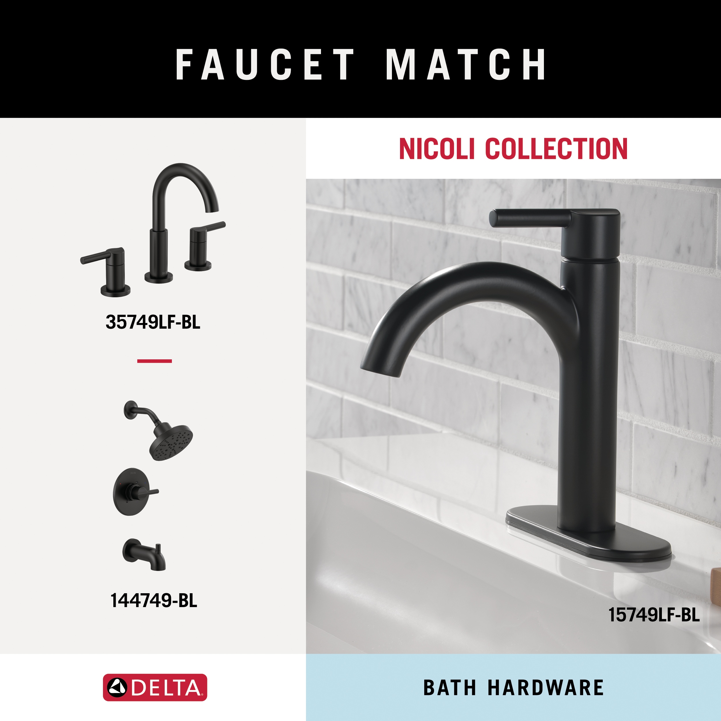 Juego de Accesorios de Baño Decorativos en Negro Mate Nicoli de 4 Piezas de Delta: Barra para Toallas, Porta Papel de Baño, Argolla para Toallas y Gancho para Batas incluidos NIC64-MB