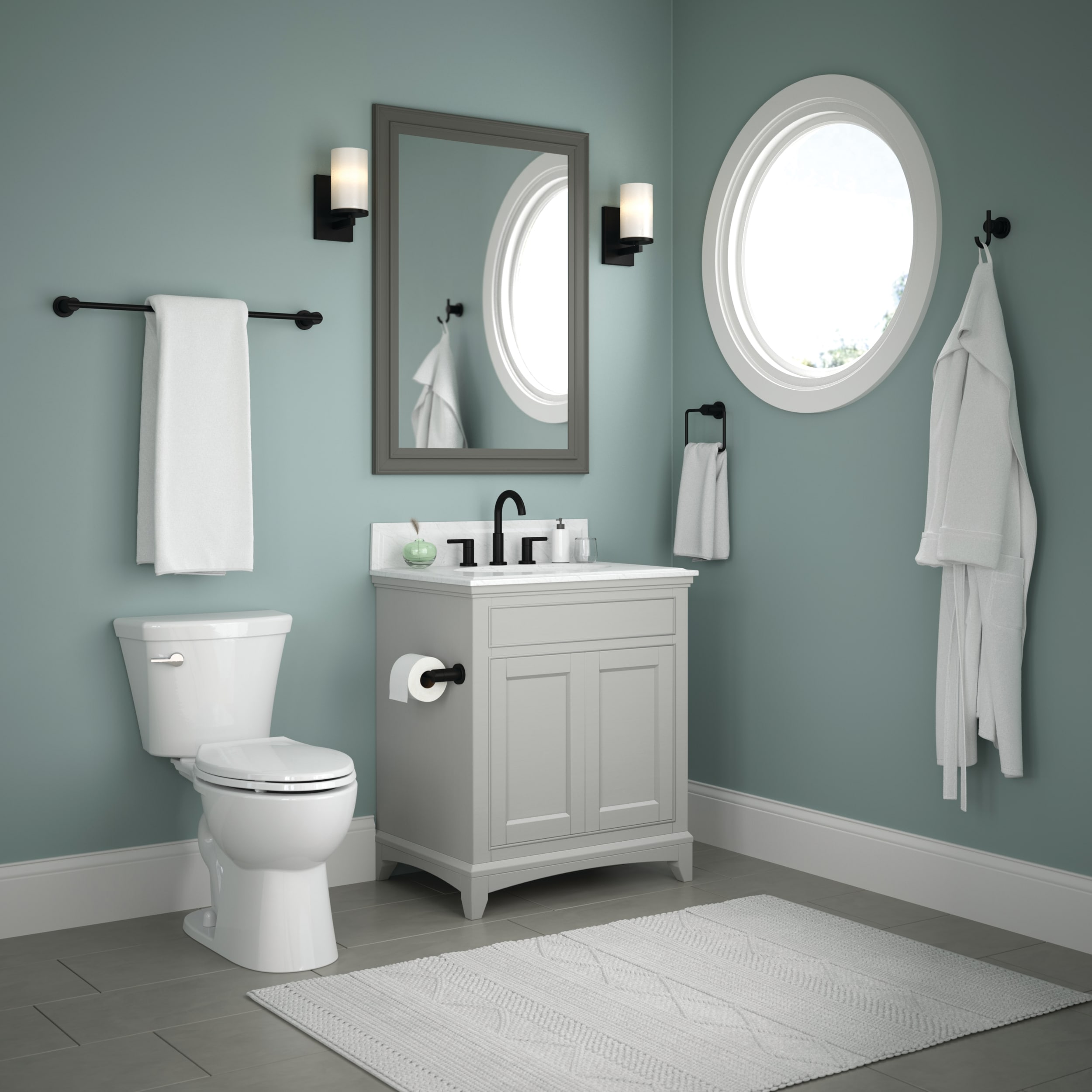 Juego de Accesorios de Baño Decorativos en Negro Mate Nicoli de 4 Piezas de Delta: Barra para Toallas, Porta Papel de Baño, Argolla para Toallas y Gancho para Batas incluidos NIC64-MB