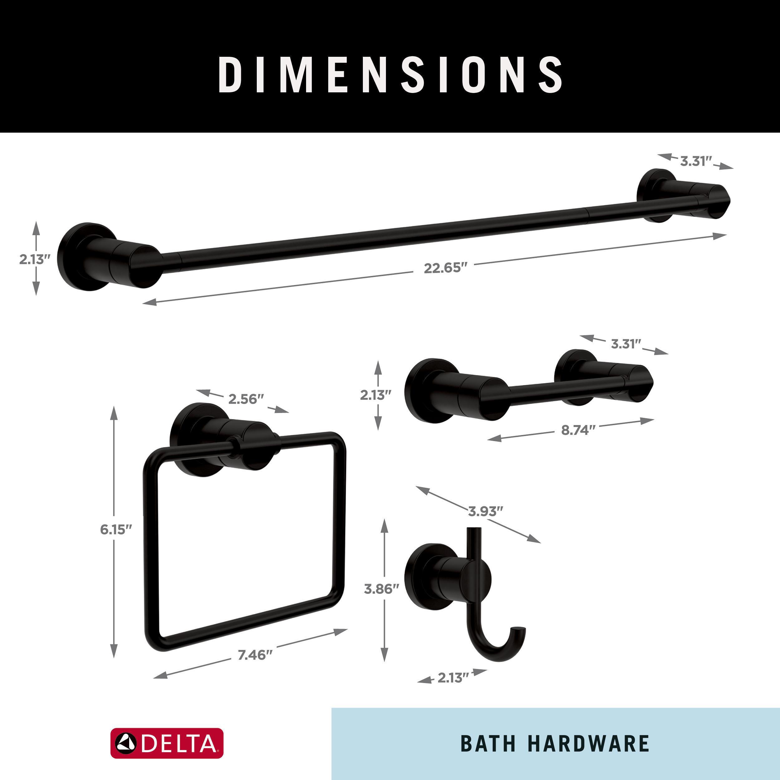 Juego de Accesorios de Baño Decorativos en Negro Mate Nicoli de 4 Piezas de Delta: Barra para Toallas, Porta Papel de Baño, Argolla para Toallas y Gancho para Batas incluidos NIC64-MB