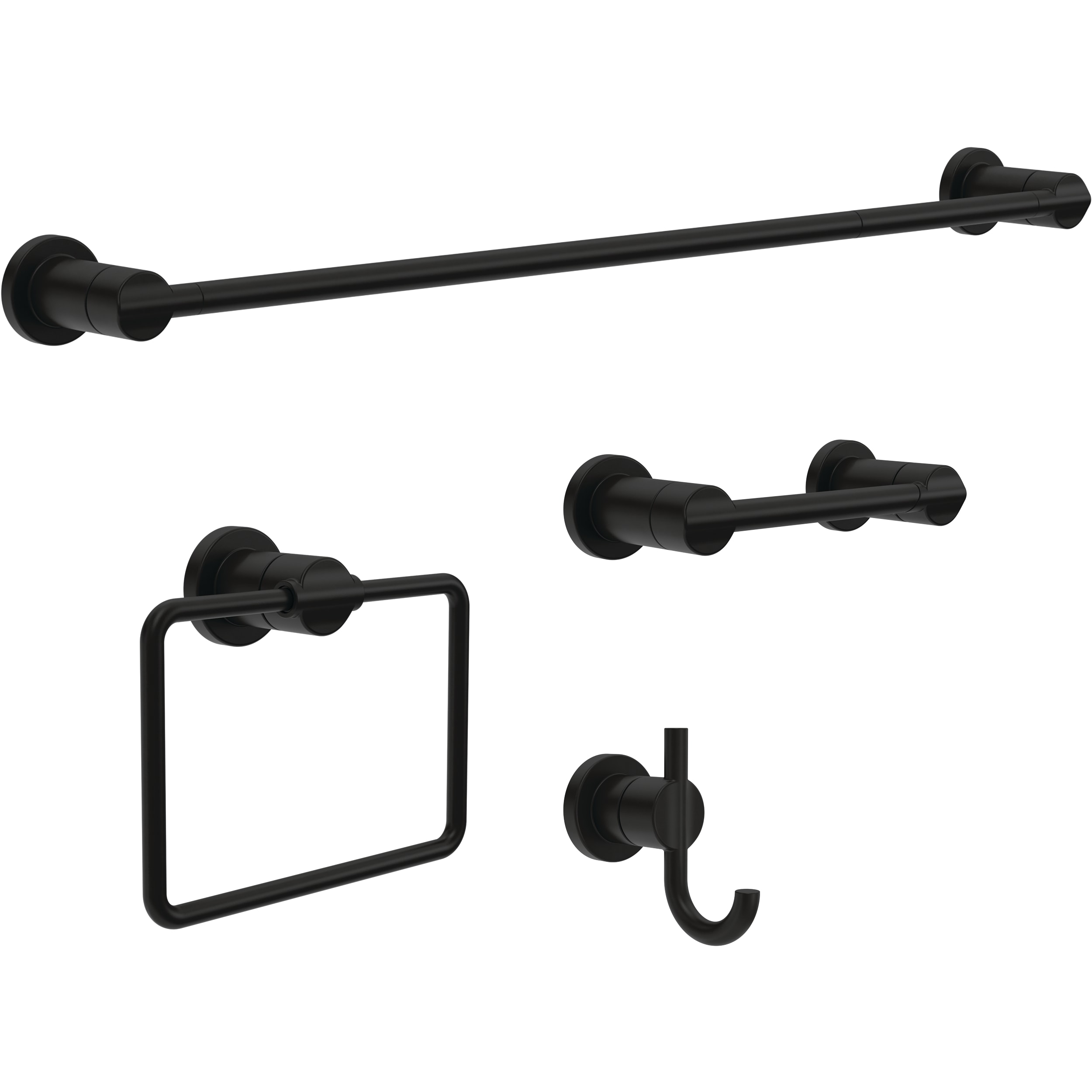 Juego de Accesorios de Baño Decorativos en Negro Mate Nicoli de 4 Piezas de Delta: Barra para Toallas, Porta Papel de Baño, Argolla para Toallas y Gancho para Batas incluidos NIC64-MB