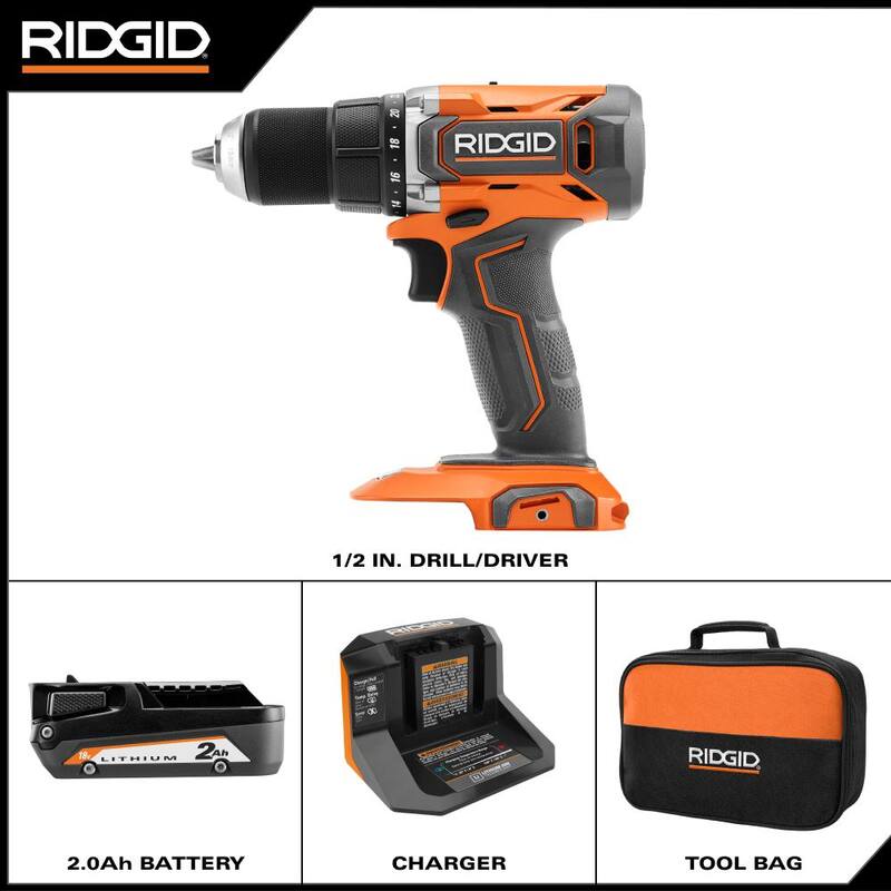 Juego de taladro/destornillador inalámbrico RIDGID de 18V con batería de 2.0 Ah y cargador - R860010K.