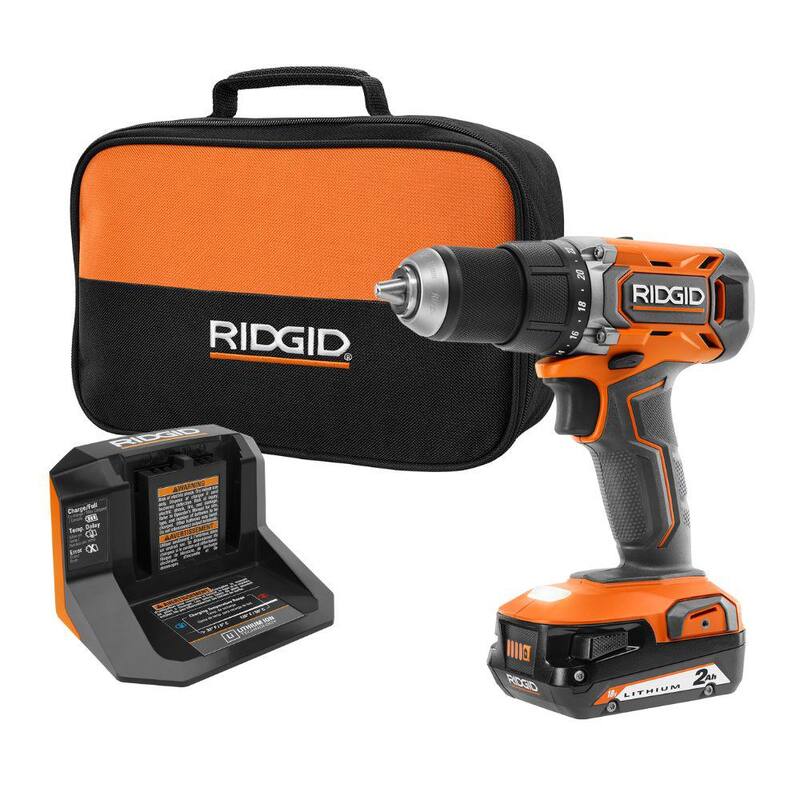 Juego de taladro/destornillador inalámbrico RIDGID de 18V con batería de 2.0 Ah y cargador - R860010K.