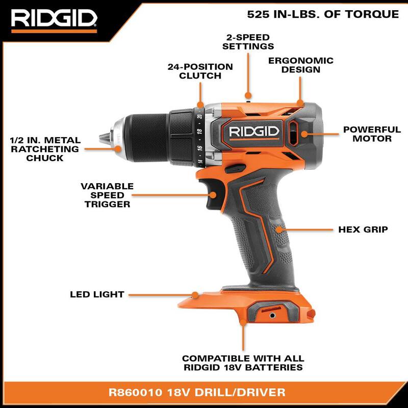 Juego de taladro/destornillador inalámbrico RIDGID de 18V con batería de 2.0 Ah y cargador - R860010K.