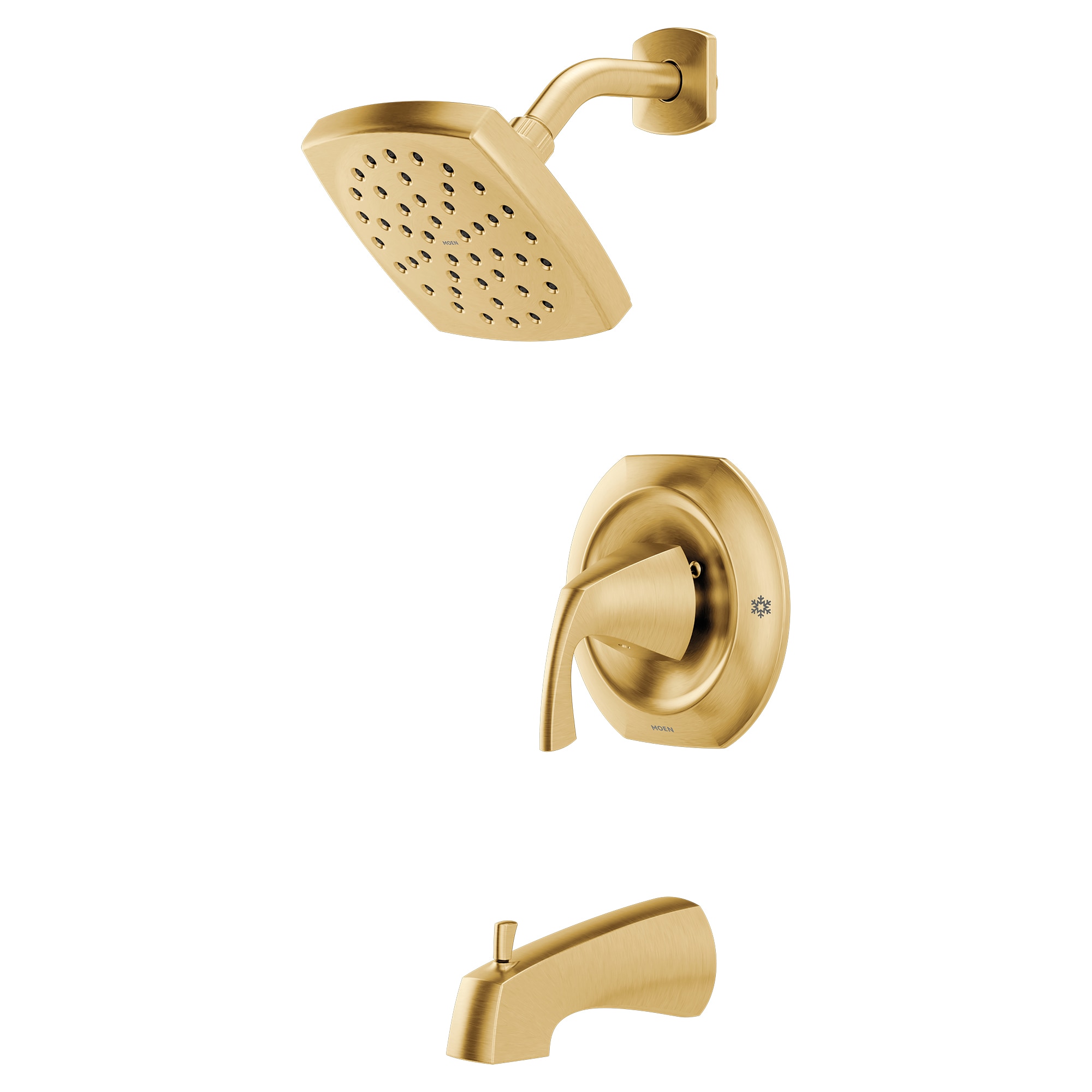 Grifo de bañera y regadera de una sola función y un mango en cuadrado de 6 pulgadas en oro cepillado Moen Lindor con válvula 82504BG.