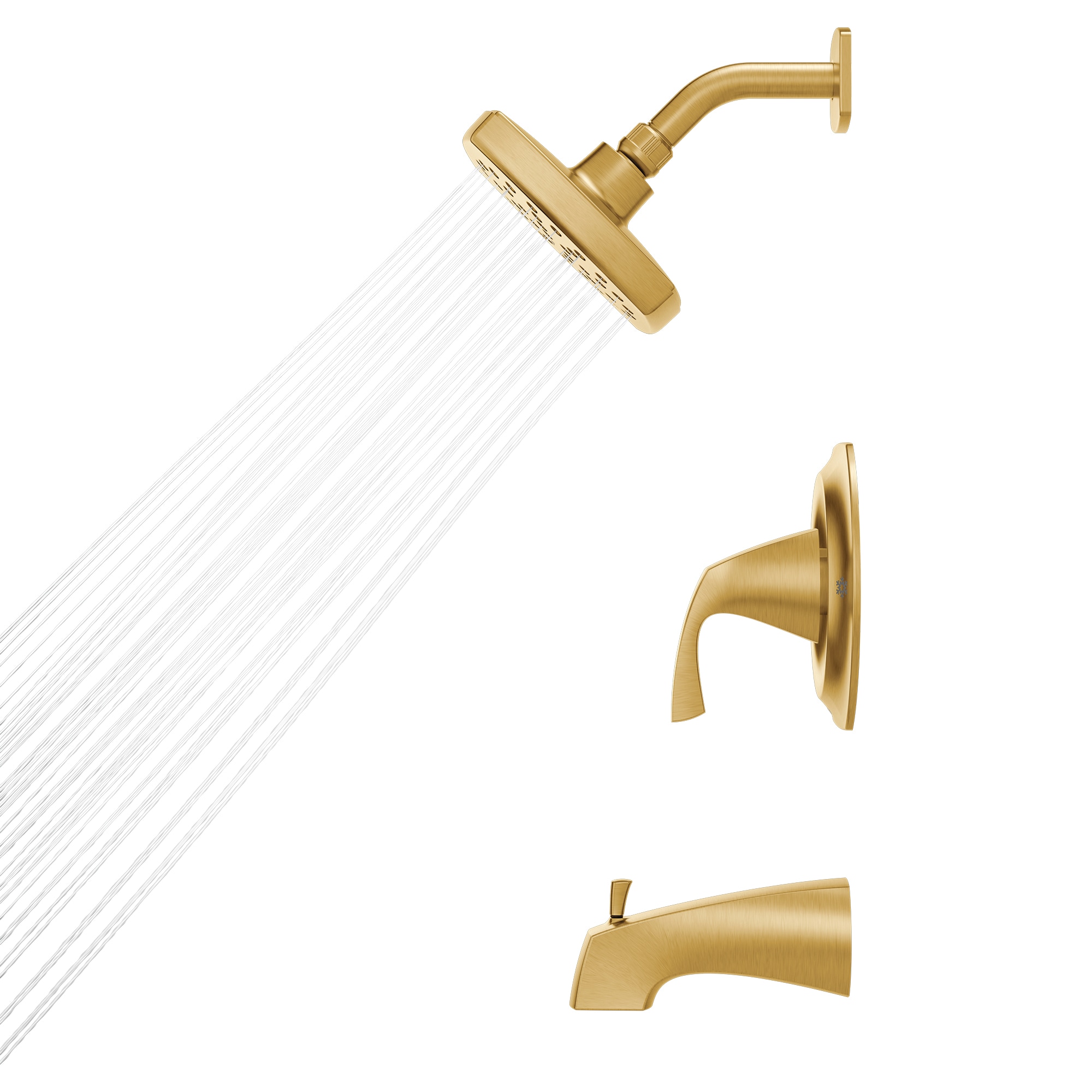 Grifo de bañera y regadera de una sola función y un mango en cuadrado de 6 pulgadas en oro cepillado Moen Lindor con válvula 82504BG.