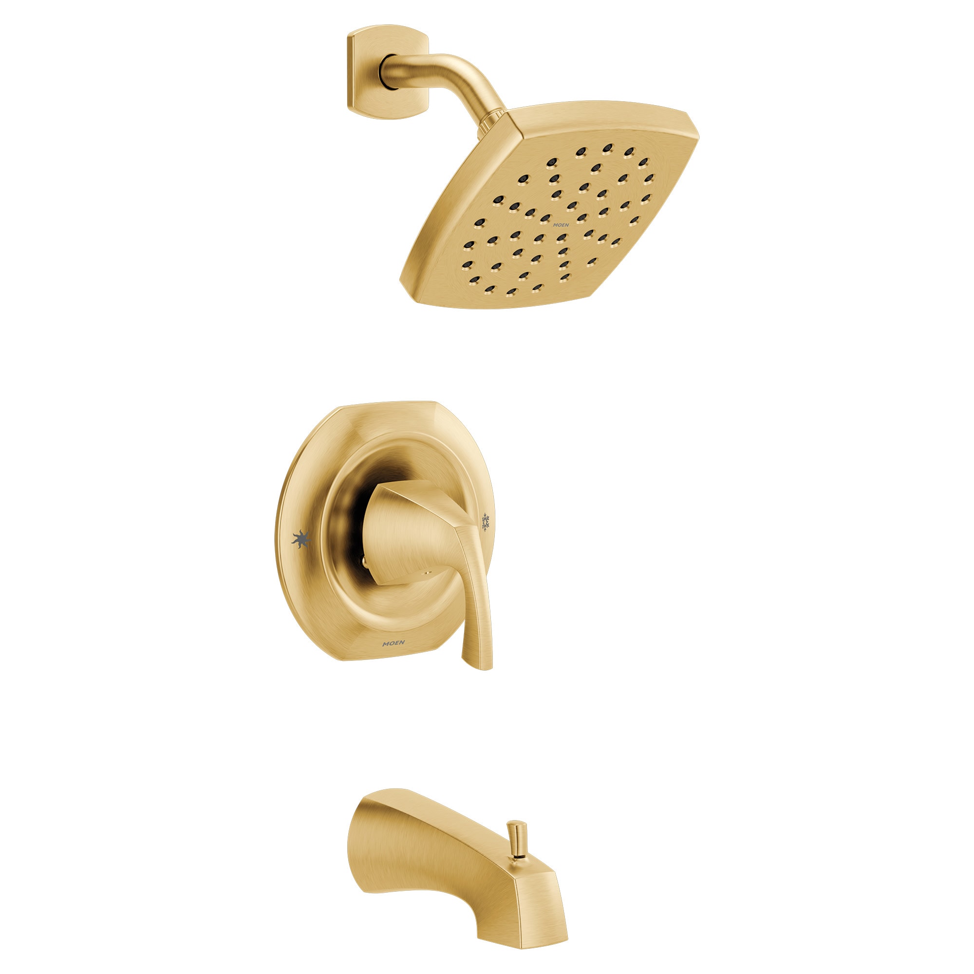 Grifo de bañera y regadera de una sola función y un mango en cuadrado de 6 pulgadas en oro cepillado Moen Lindor con válvula 82504BG.