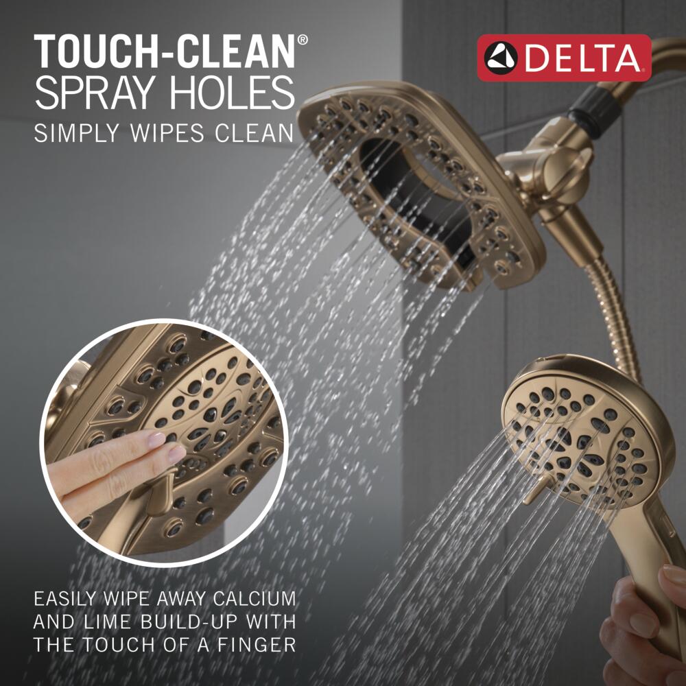 Mezcladora de bañera y ducha cuadrada de 6 pulgadas, color bronce champan con una sola manija Lacey Delta y cabezal de ducha portátil con válvula 144895-CZ-I.