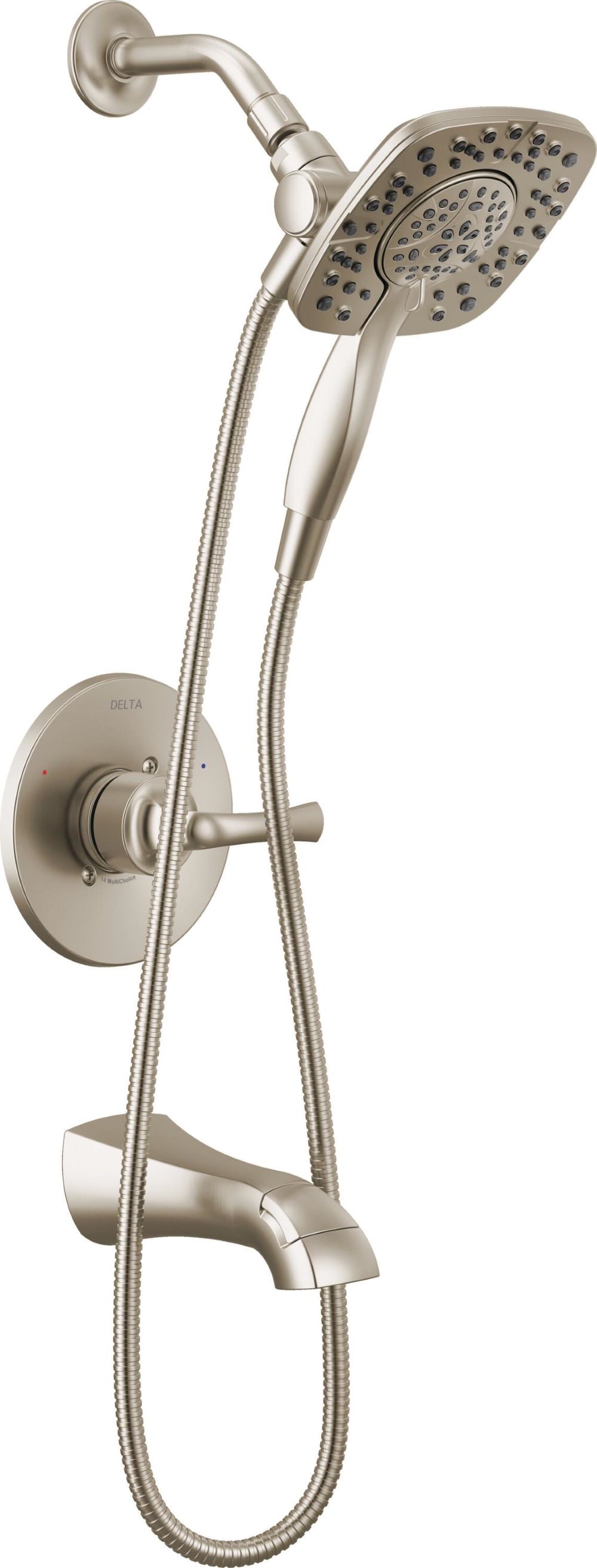 Mezcladora de bañera y regadera de acero inoxidable con Tecnología SpotShield de 1 maneral y cabezal de 6 pulgadas en forma cuadrada Delta Lacey con válvula 144895-SP-I