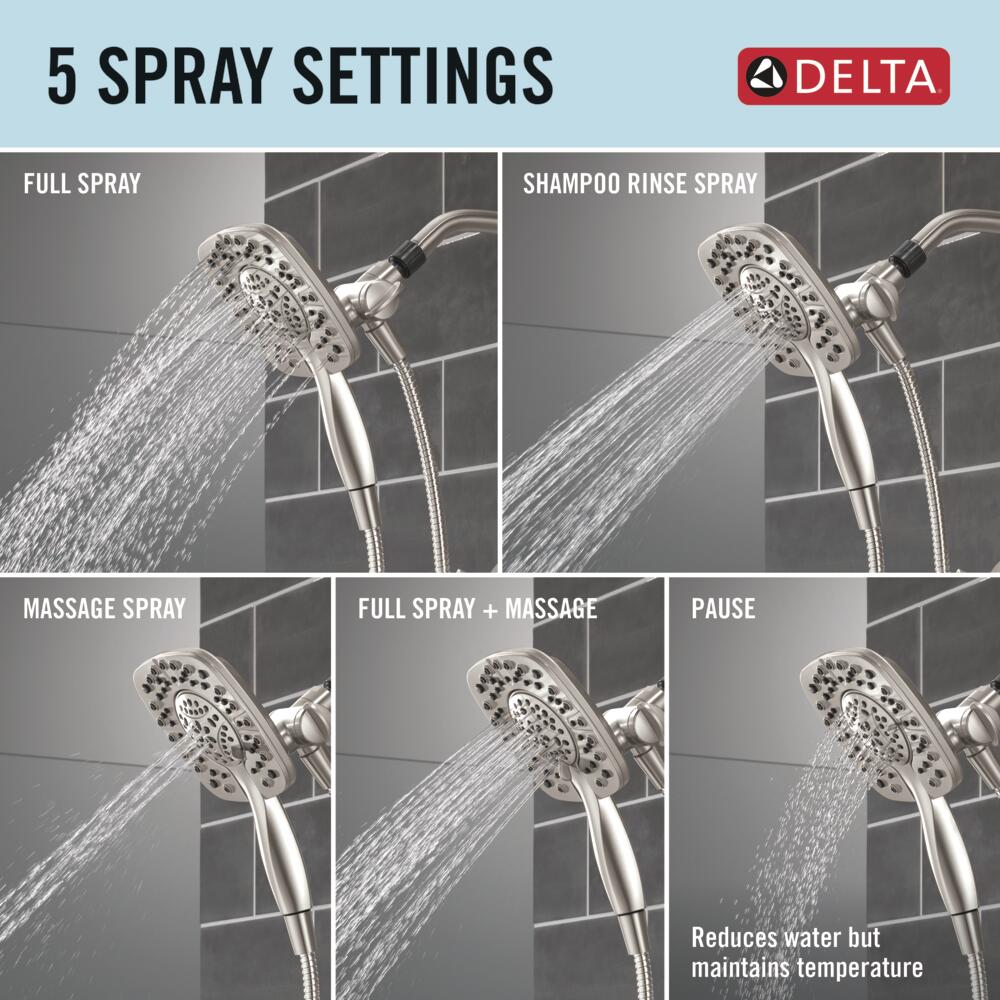 Mezcladora de bañera y regadera de acero inoxidable con Tecnología SpotShield de 1 maneral y cabezal de 6 pulgadas en forma cuadrada Delta Lacey con válvula 144895-SP-I