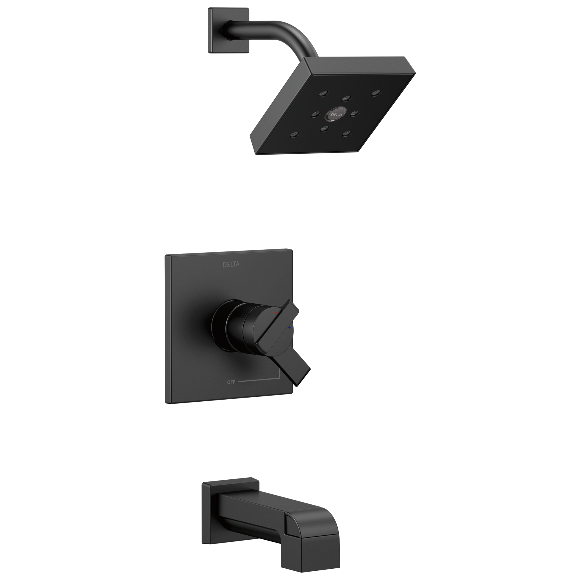 Grifo para bañera y ducha cuadrado de 6.5000 pulgadas, de 2 manijas en negro mate del modelo Delta Ara T17467-BL.