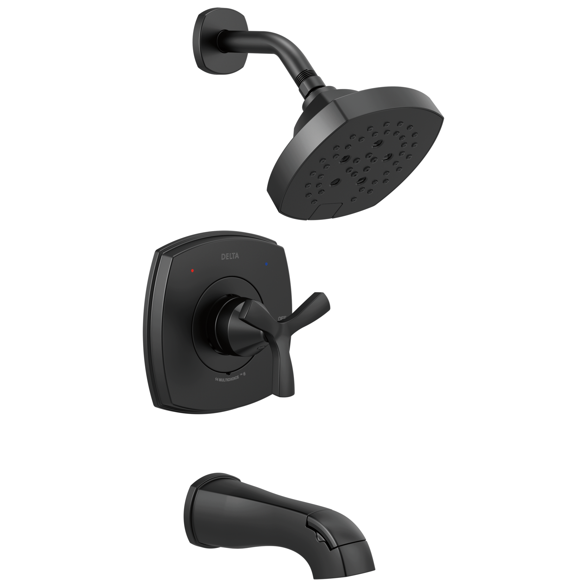 Grifo de bañera redonda y ducha de 1 manija en negro mate de la serie Delta Stryke con válvula de funciones múltiples de 7.0 pulgadas
