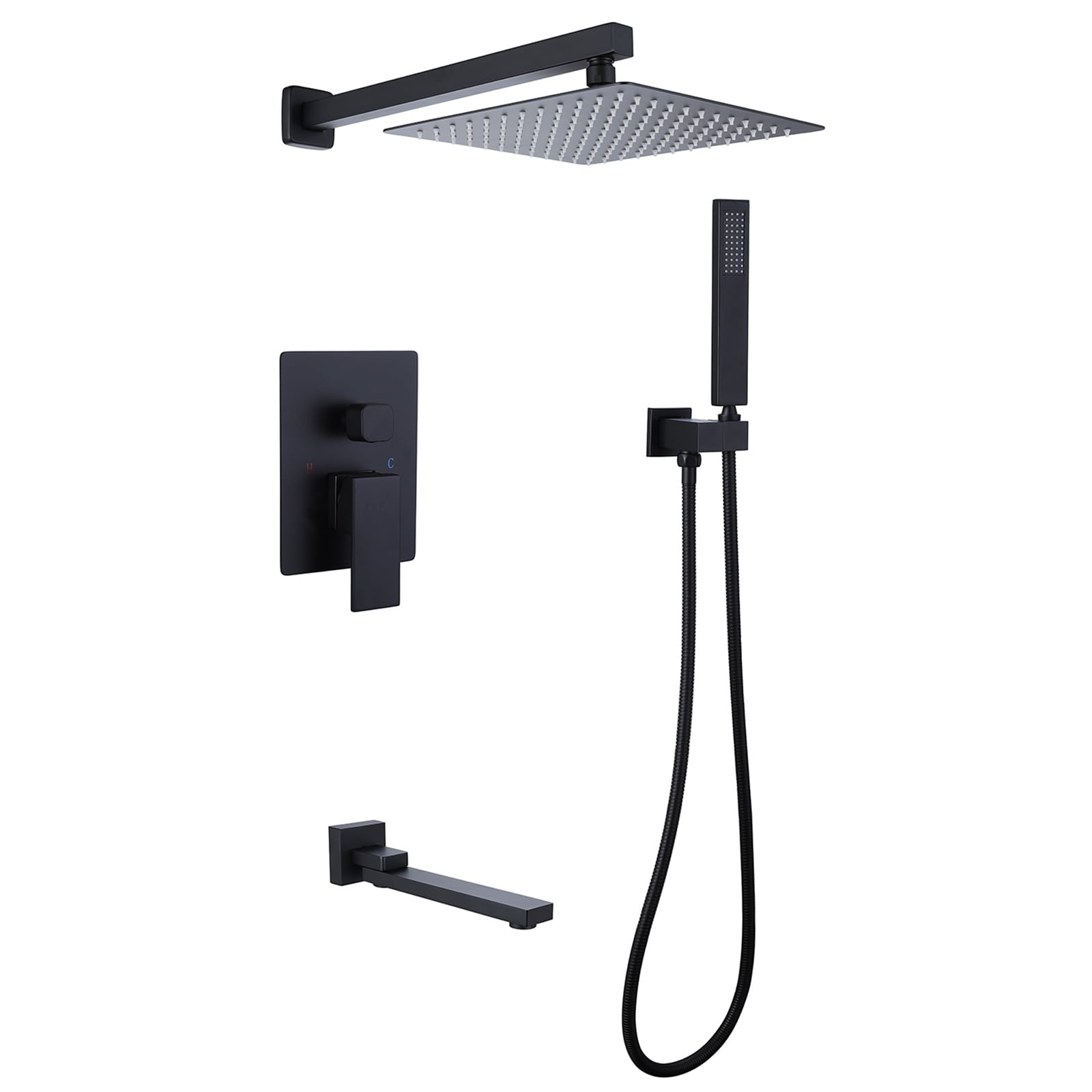 Mezcladora de regadera Negra Mate de un solo mango y funciones múltiples de 10 pulgadas para bañera y regadera cuadrada con válvula A-98005-B