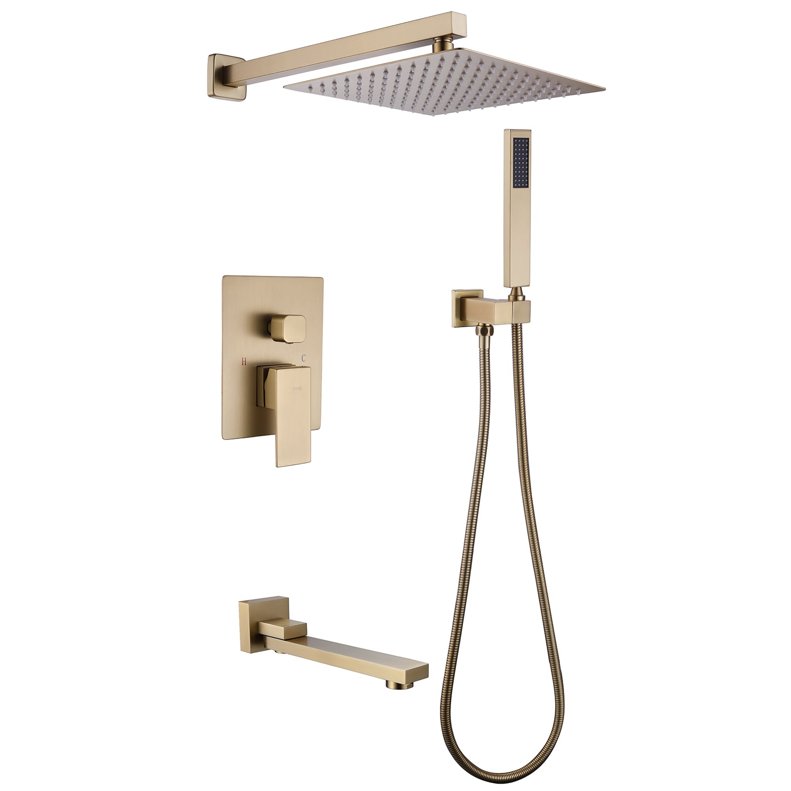 Mezcladora de regadera color dorado cepillado de 1 manija con funciones múltiples de 10 pulgadas para bañera y regadera de forma rectangular con válvula A-98005-BG
