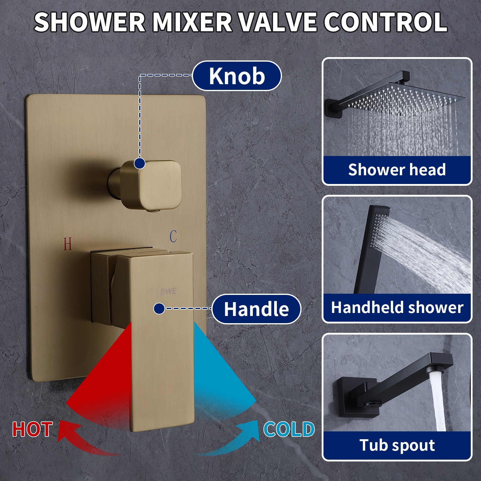 Mezcladora de regadera color dorado cepillado de 1 manija con funciones múltiples de 10 pulgadas para bañera y regadera de forma rectangular con válvula A-98005-BG