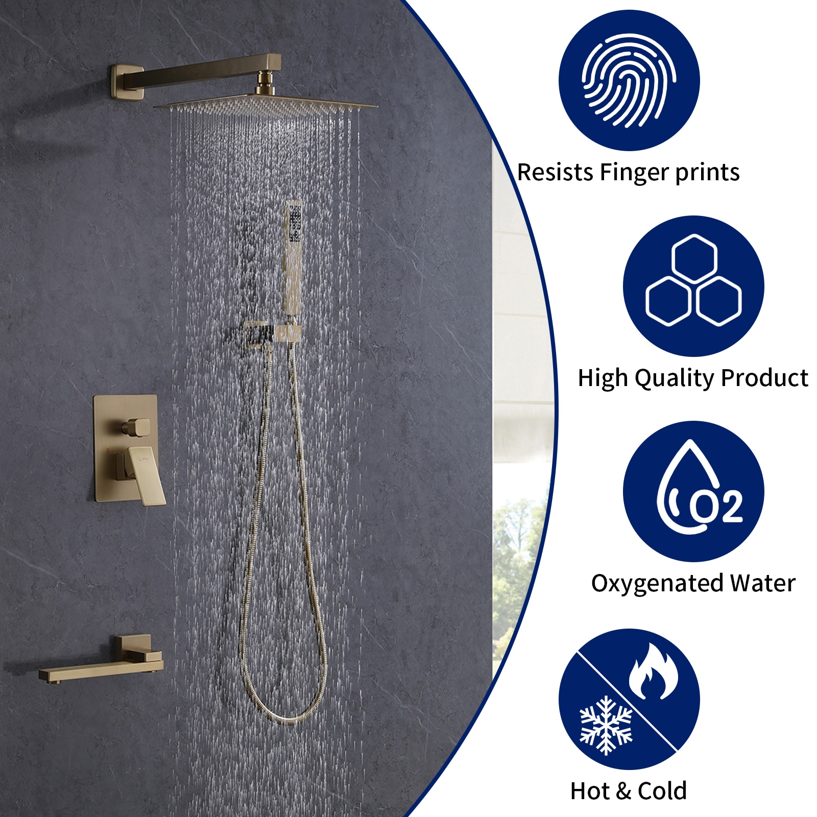 Mezcladora de regadera color dorado cepillado de 1 manija con funciones múltiples de 10 pulgadas para bañera y regadera de forma rectangular con válvula A-98005-BG