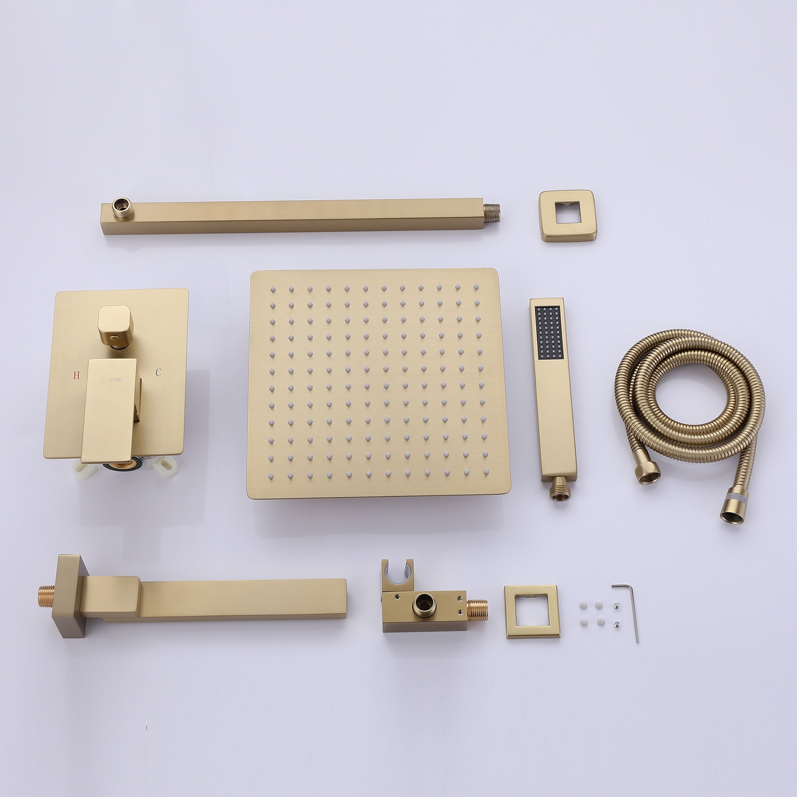 Mezcladora de regadera color dorado cepillado de 1 manija con funciones múltiples de 10 pulgadas para bañera y regadera de forma rectangular con válvula A-98005-BG