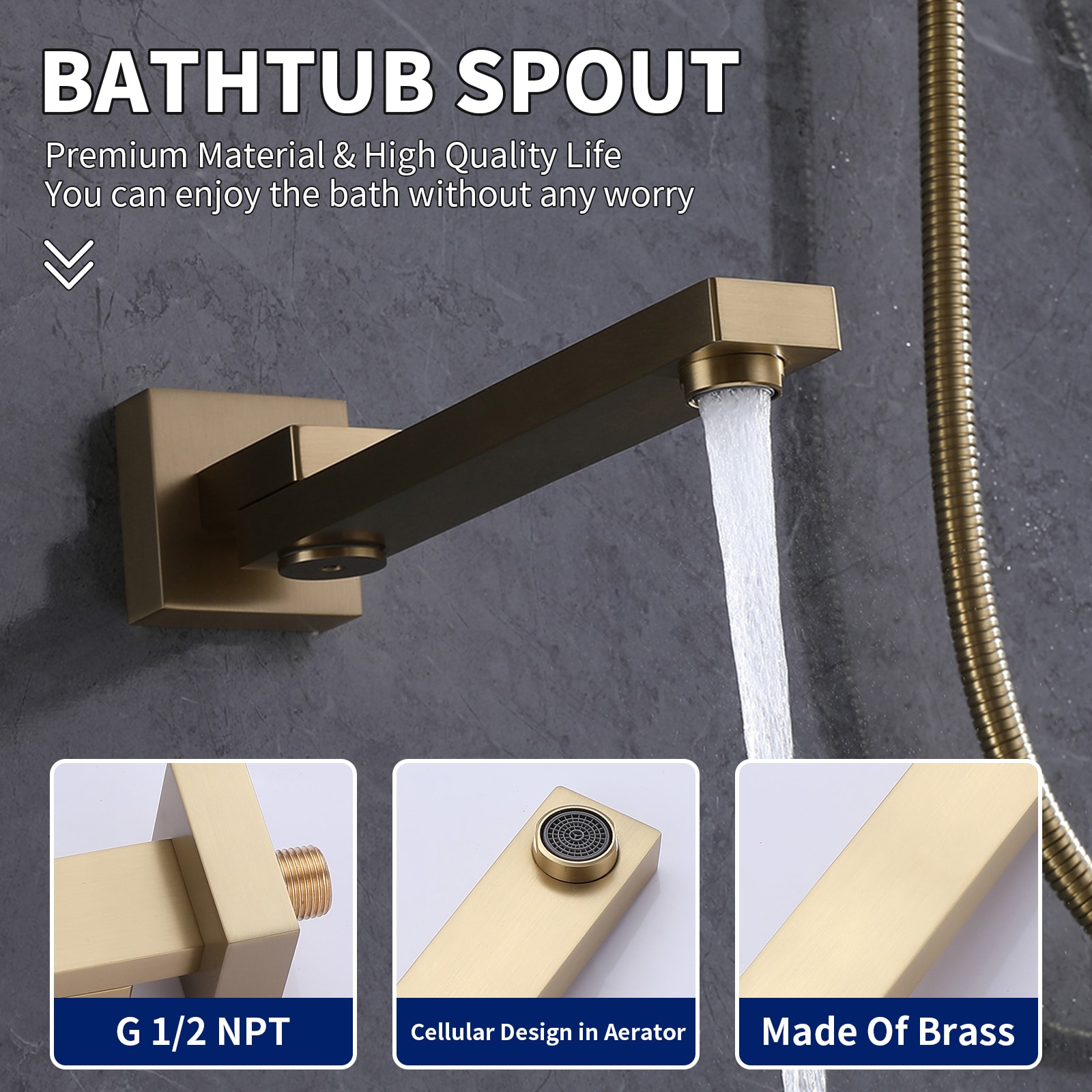 Mezcladora de regadera color dorado cepillado de 1 manija con funciones múltiples de 10 pulgadas para bañera y regadera de forma rectangular con válvula A-98005-BG