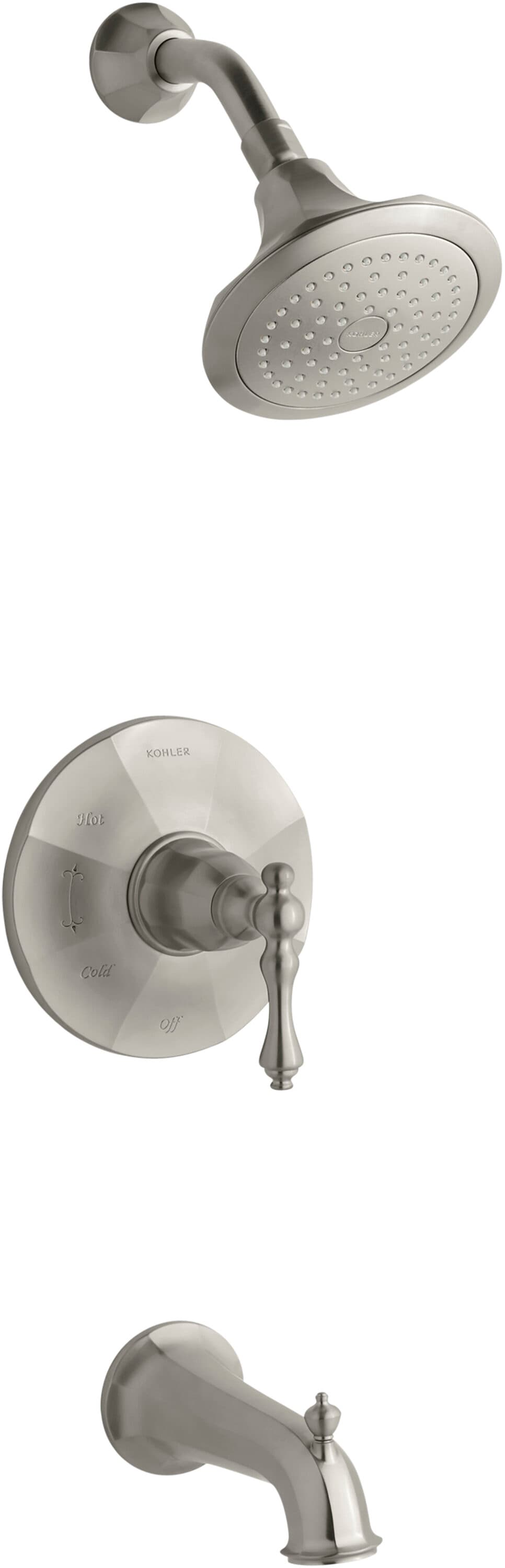Grifo de Bañera y Ducha Redonda de 6.5 Pulgadas de Manija Única en Níquel Cepillado Brillante Kelston de KOHLER TS13492-4-BN