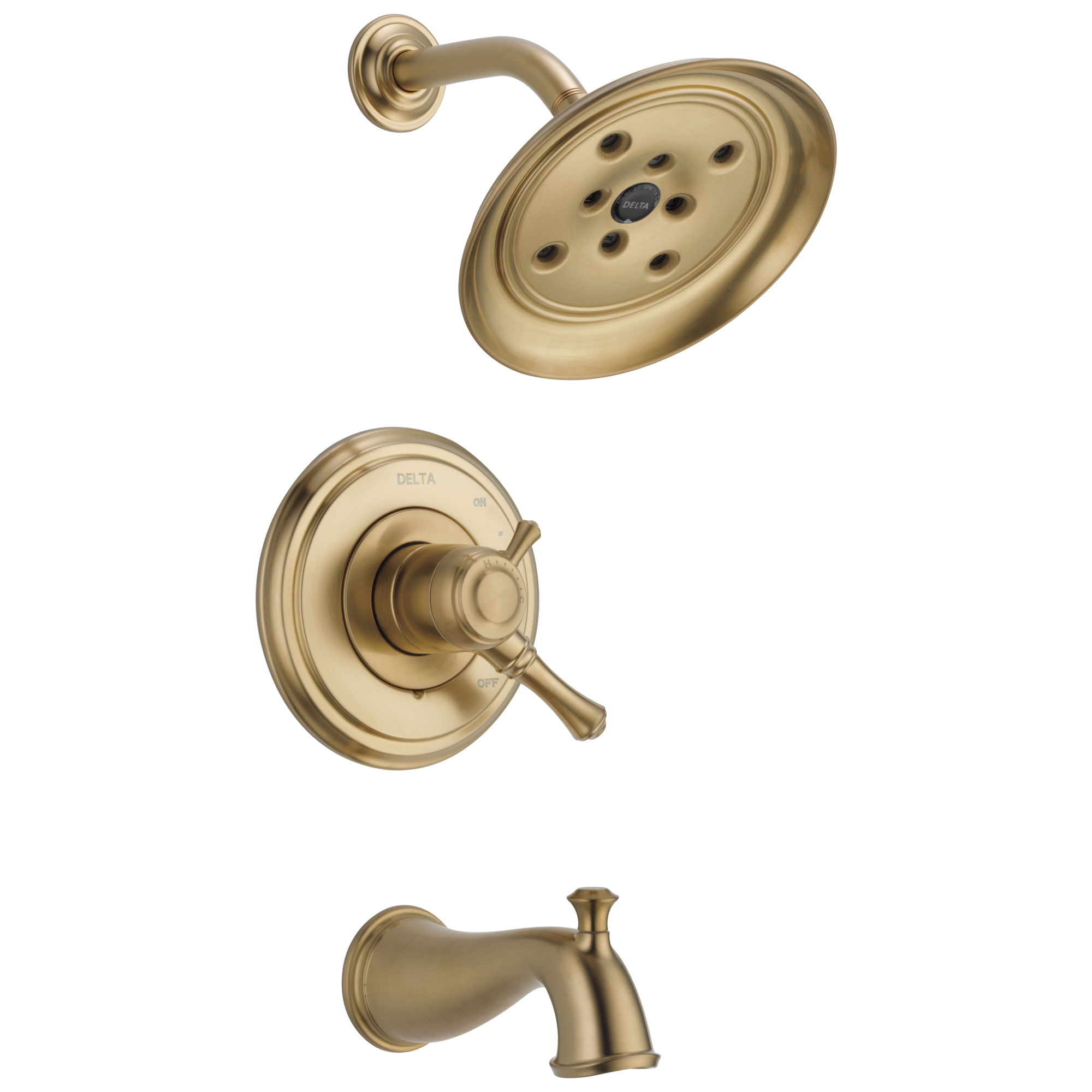 Grifo de bañera y ducha redondo Cassidy en bronce chapado en champán de 2 manijas y función simple de 7.875 pulgadas Delta T17497-CZ.