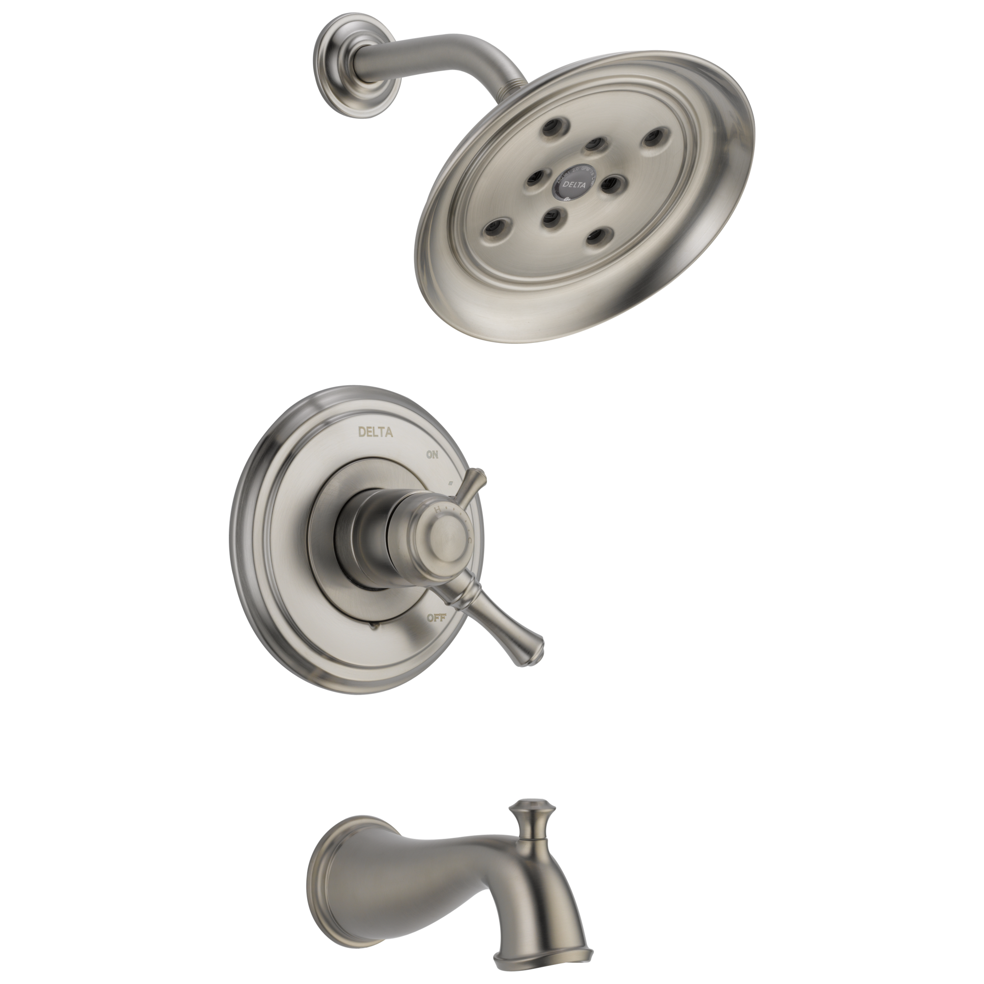 Grifo para bañera y ducha redonda de acero inoxidable con 2 manijas y función única de 7.875 pulgadas Delta Cassidy T17497-SS