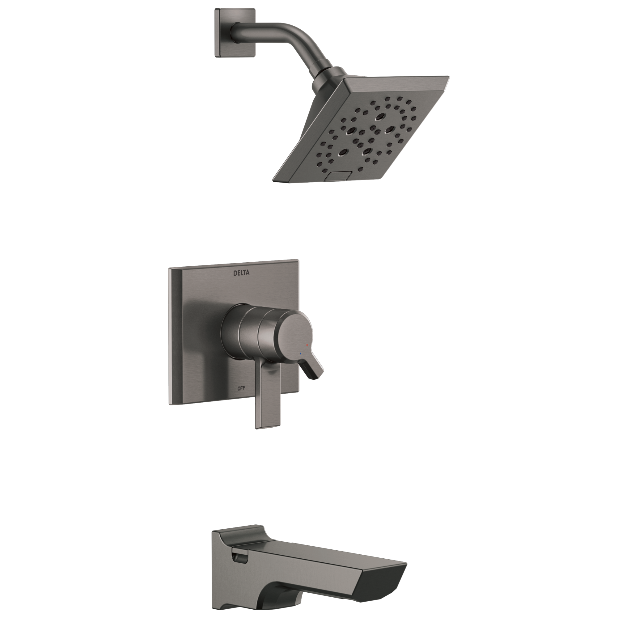 Grifo de bañera y ducha cuadrado de 5.75 pulgadas, de acero inoxidable negro con recubrimiento lumínico y dos manijas multi-función de la colección Pivotal de Delta.