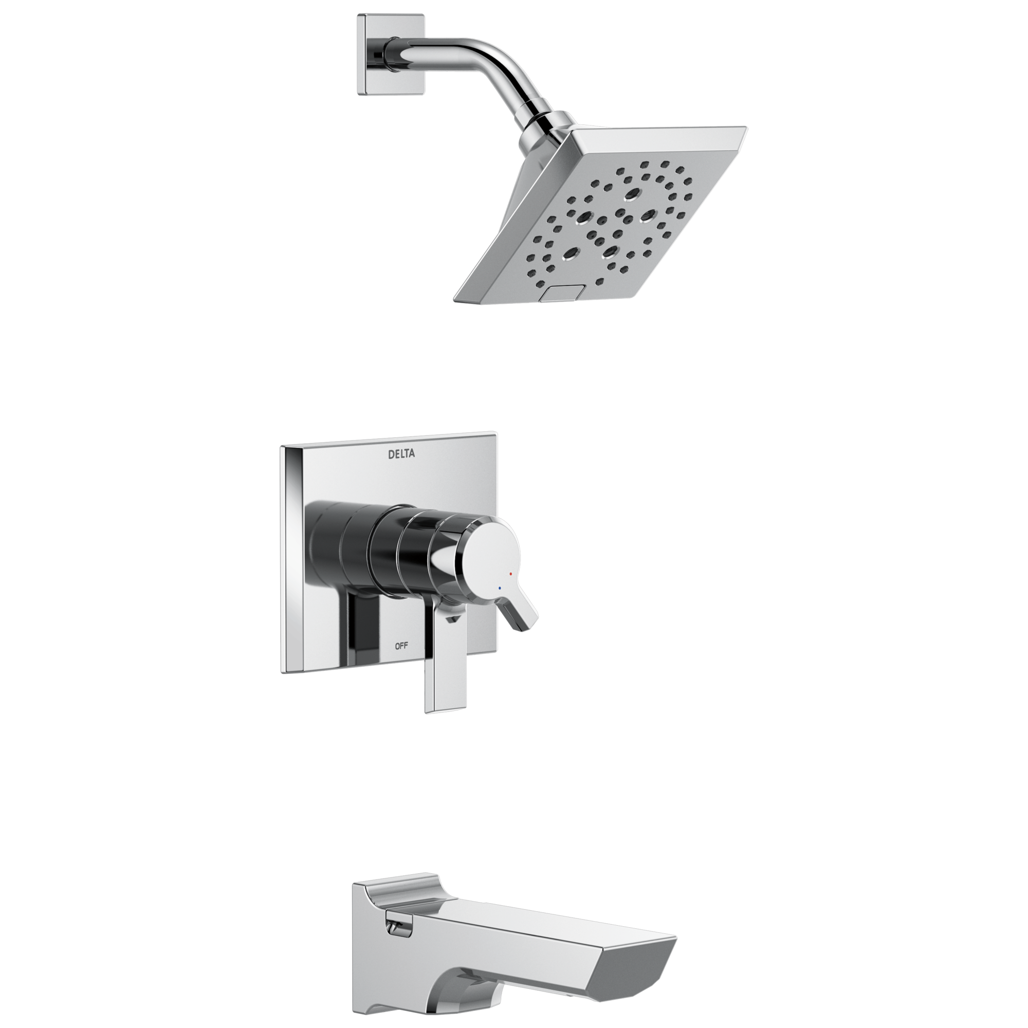 Grifo de bañera y ducha cuadrado de 5.75 pulgadas con dos manijas y funciones múltiples en cromo brillante Lumicoat de Delta Pivotal