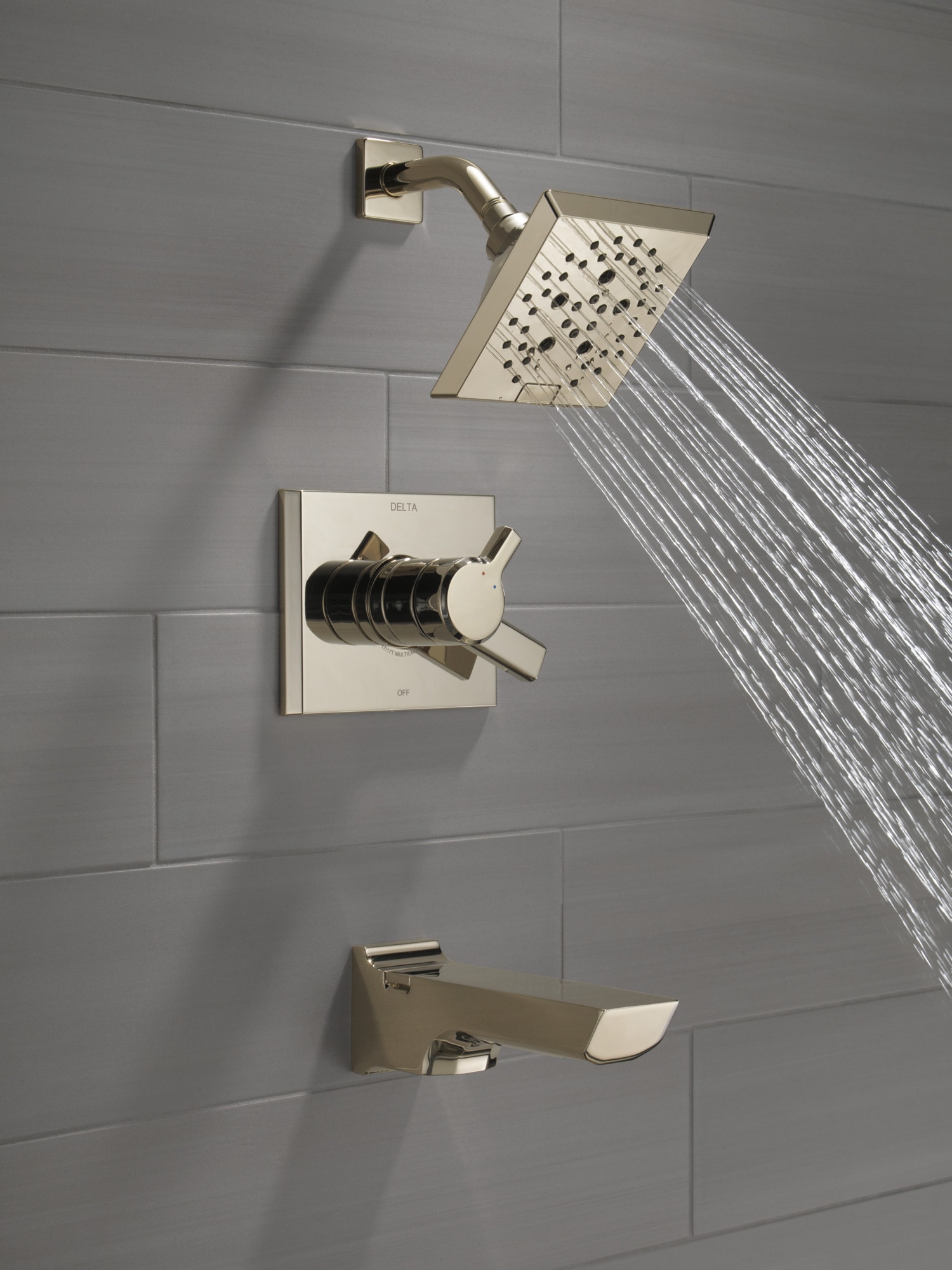 Grifo para Bañera y Ducha de 2 Manijas en Níquel Pulido con Acabado Lumicoat de 5.75 Pulgadas Cuadradas, de la línea Pivotal de Delta