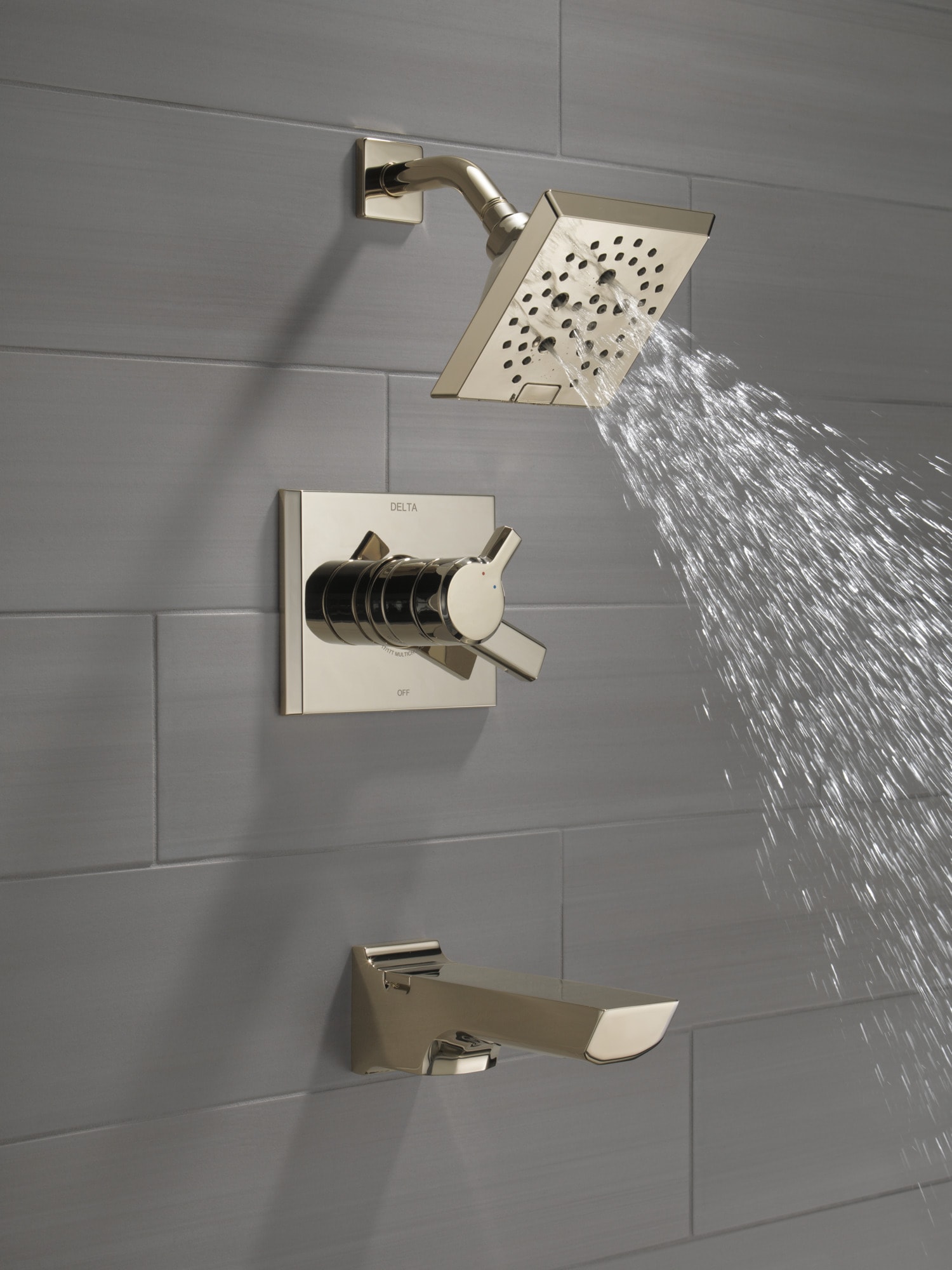 Grifo para Bañera y Ducha de 2 Manijas en Níquel Pulido con Acabado Lumicoat de 5.75 Pulgadas Cuadradas, de la línea Pivotal de Delta