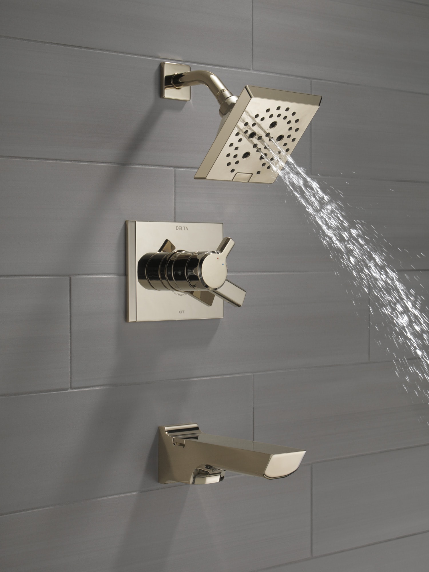 Grifo para Bañera y Ducha de 2 Manijas en Níquel Pulido con Acabado Lumicoat de 5.75 Pulgadas Cuadradas, de la línea Pivotal de Delta