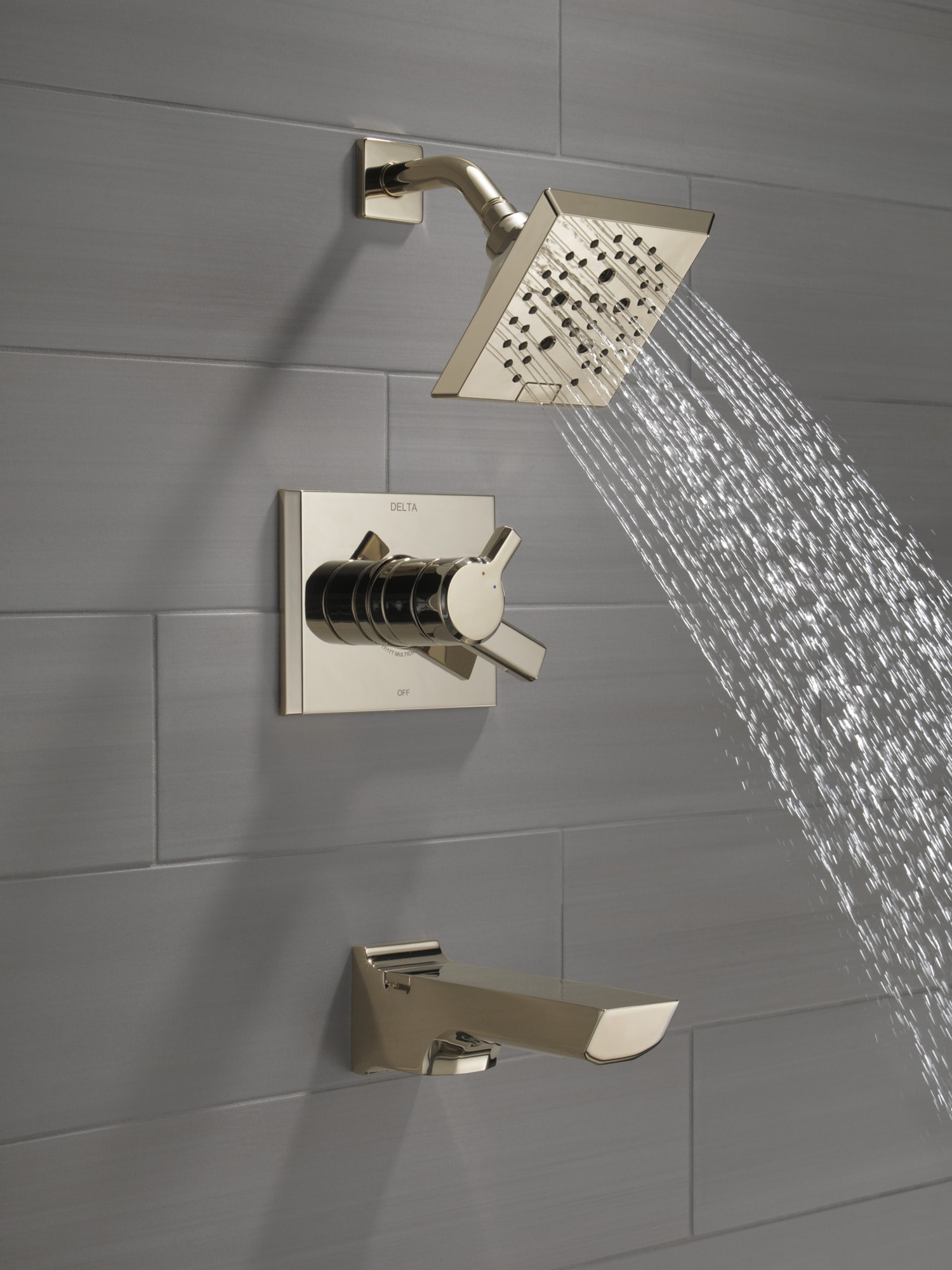 Grifo para Bañera y Ducha de 2 Manijas en Níquel Pulido con Acabado Lumicoat de 5.75 Pulgadas Cuadradas, de la línea Pivotal de Delta