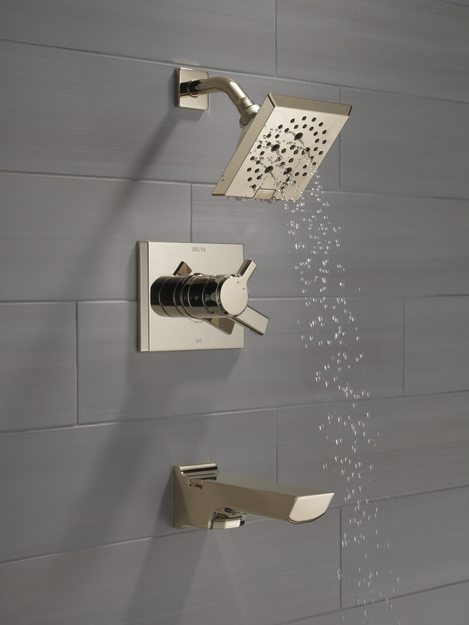 Grifo para Bañera y Ducha de 2 Manijas en Níquel Pulido con Acabado Lumicoat de 5.75 Pulgadas Cuadradas, de la línea Pivotal de Delta