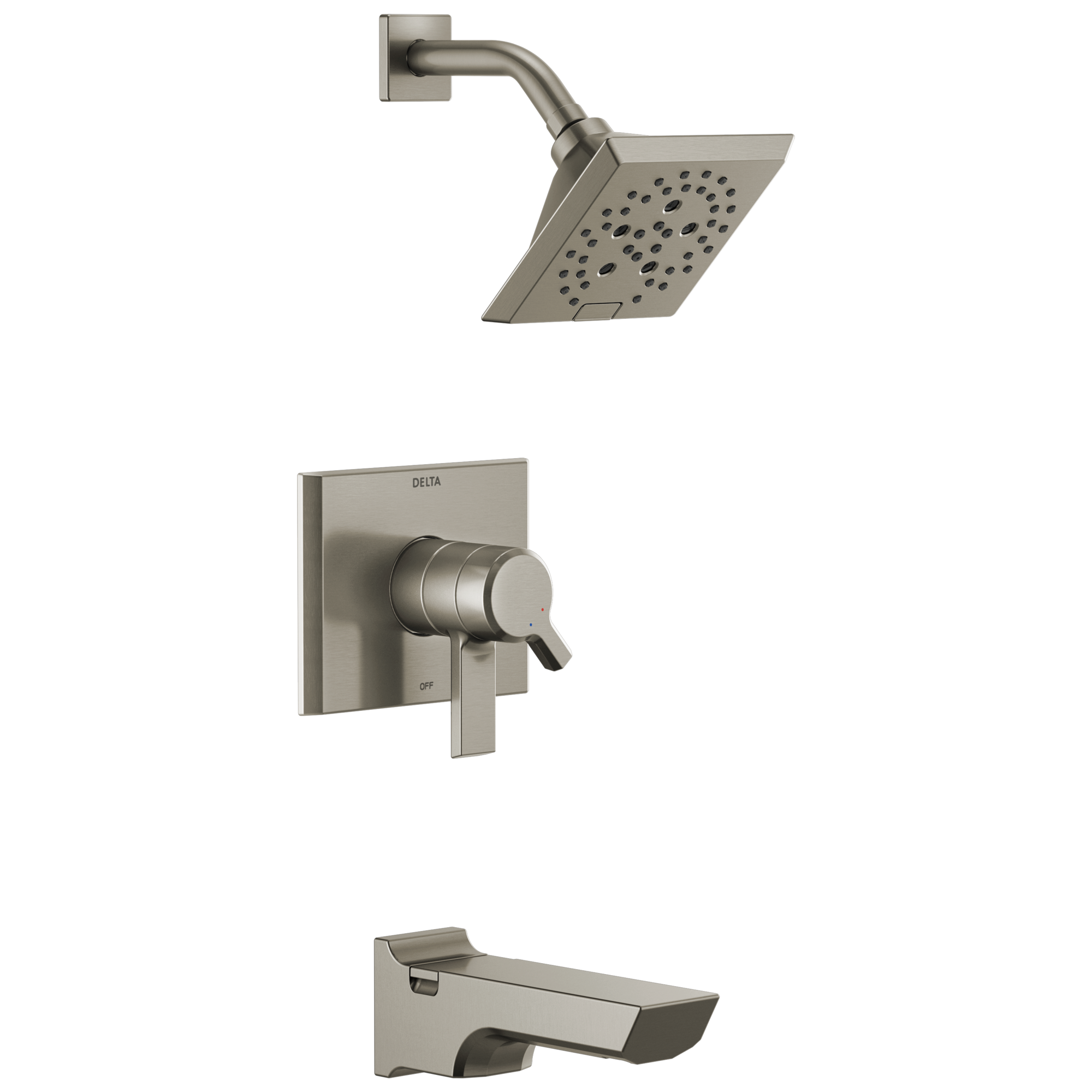 Grifo de bañera y ducha cuadrado de 5.75 pulgadas, de acero inoxidable con acabado LumiCoat de Delta Pivotal de doble mango y múltiples funciones