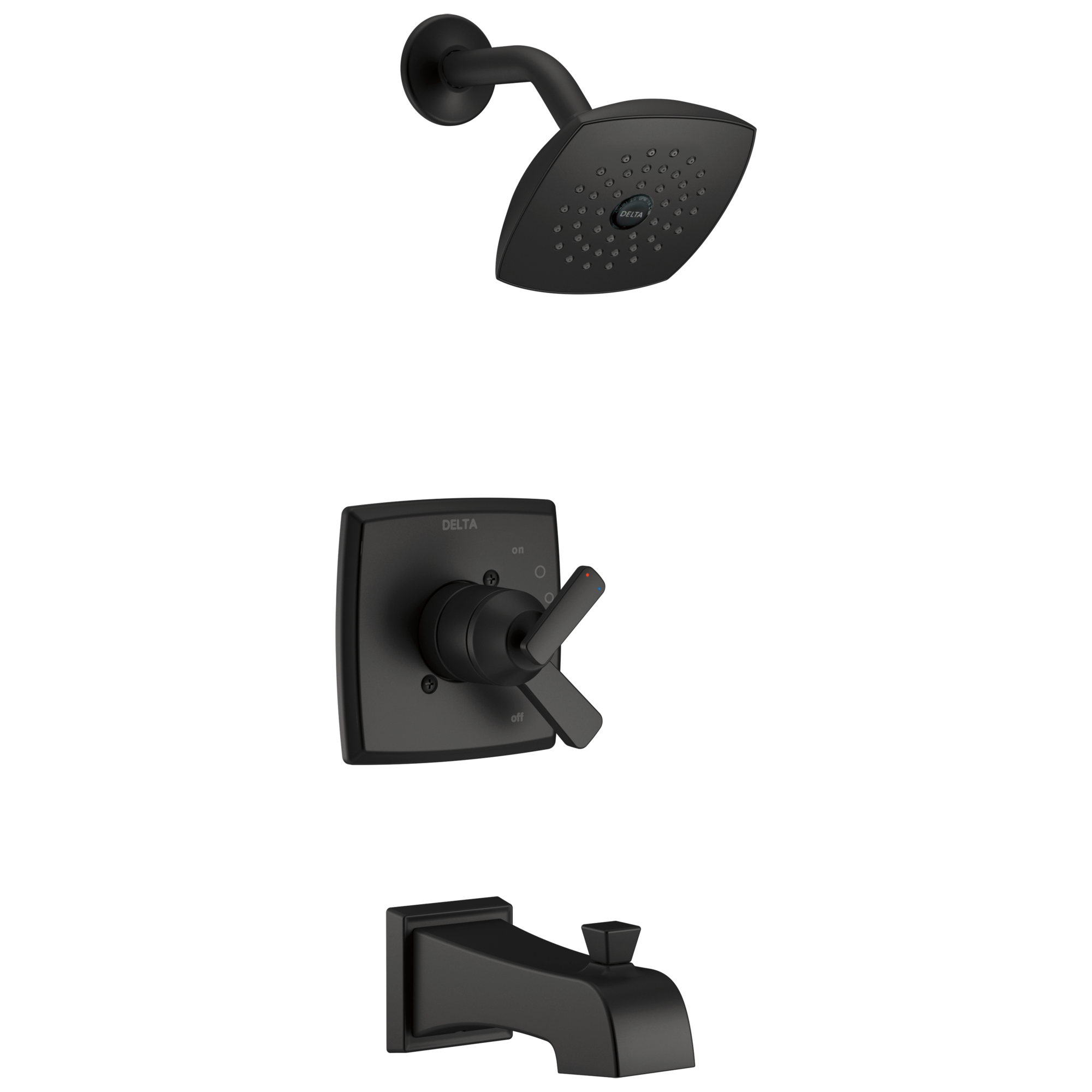 Grifo para bañera y regadera redondo de 5.25 pulgadas en negro mate de 2 manijas y una función, modelo Ashlyn de Delta T17464-BL.