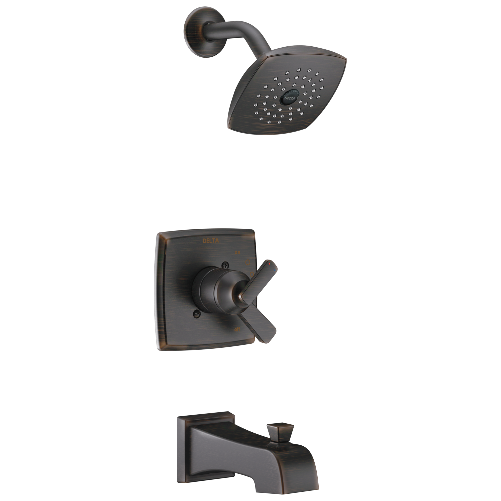 Grifo para bañera y regadera redondo de 5.25 pulgadas, de doble manija en bronce veneciano de la colección Ashlyn Delta T17464-RB.
