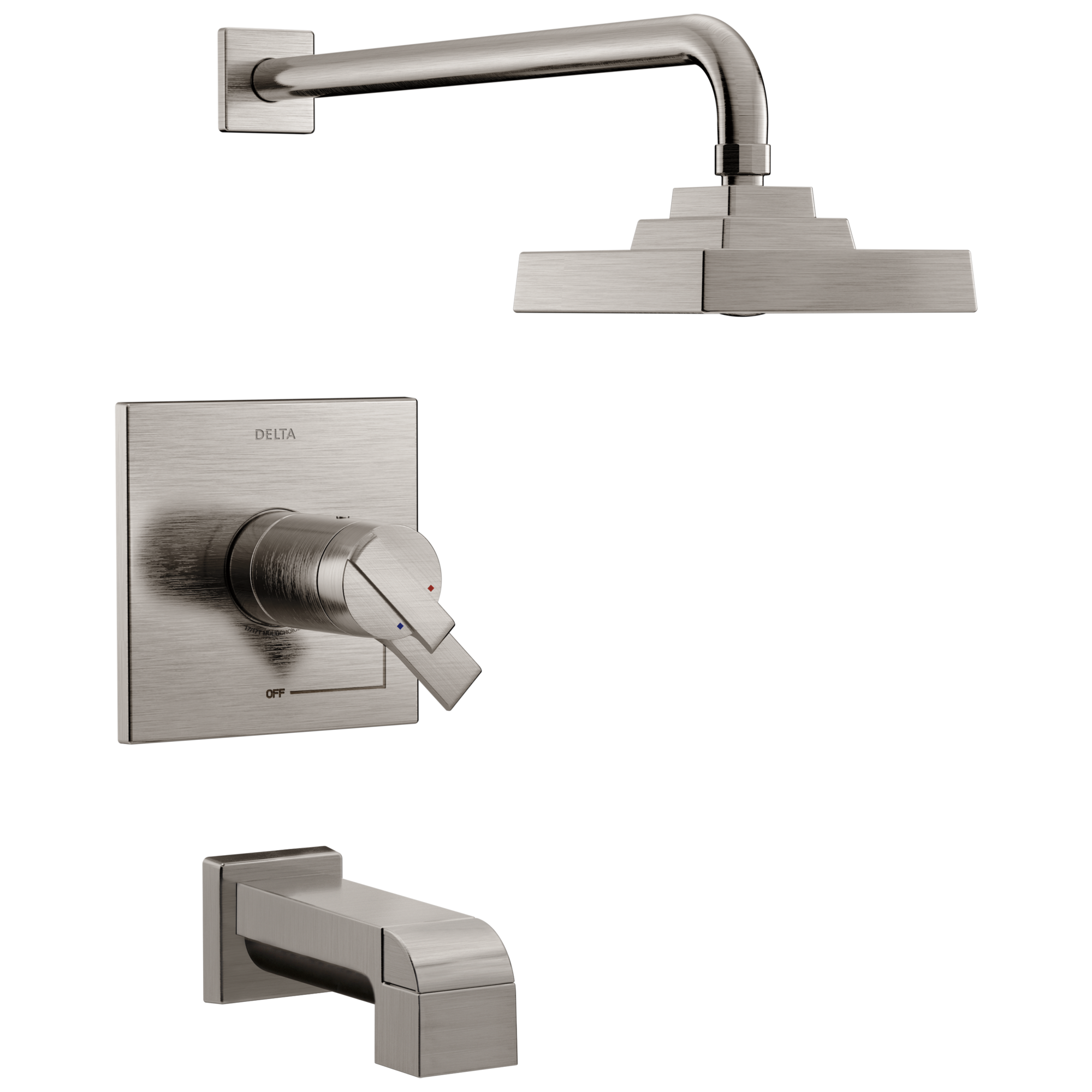 Mezcladora de bañera y regadera cuadrada de acero inoxidable Delta Ara con 2 manijas y 1 función, de 5.3125 pulgadas, con válvula T17T467-SS.