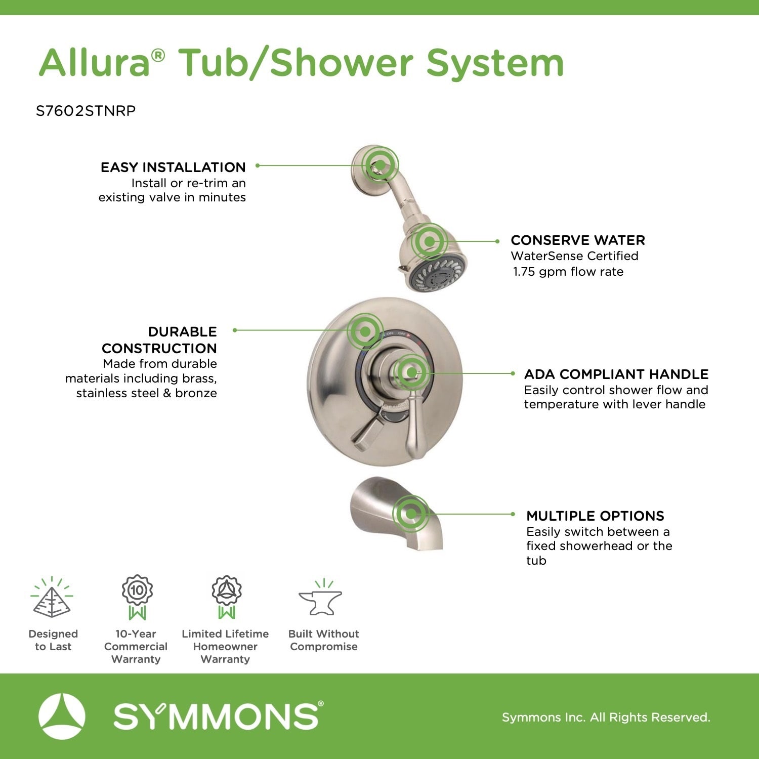 Mezcladora de Bañera y Ducha Redonda de 1 Manija Multi-función de Níquel Satinado Allura de Symmons 3.28 Pulgadas