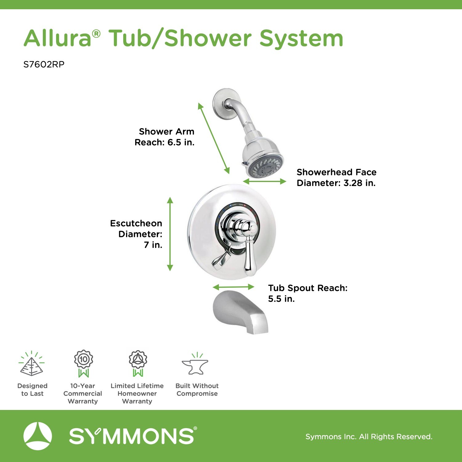 Grifo para bañera y regadera redondo de 1 manija, multi-función en cromo Symmons Allura con válvula S7602RP