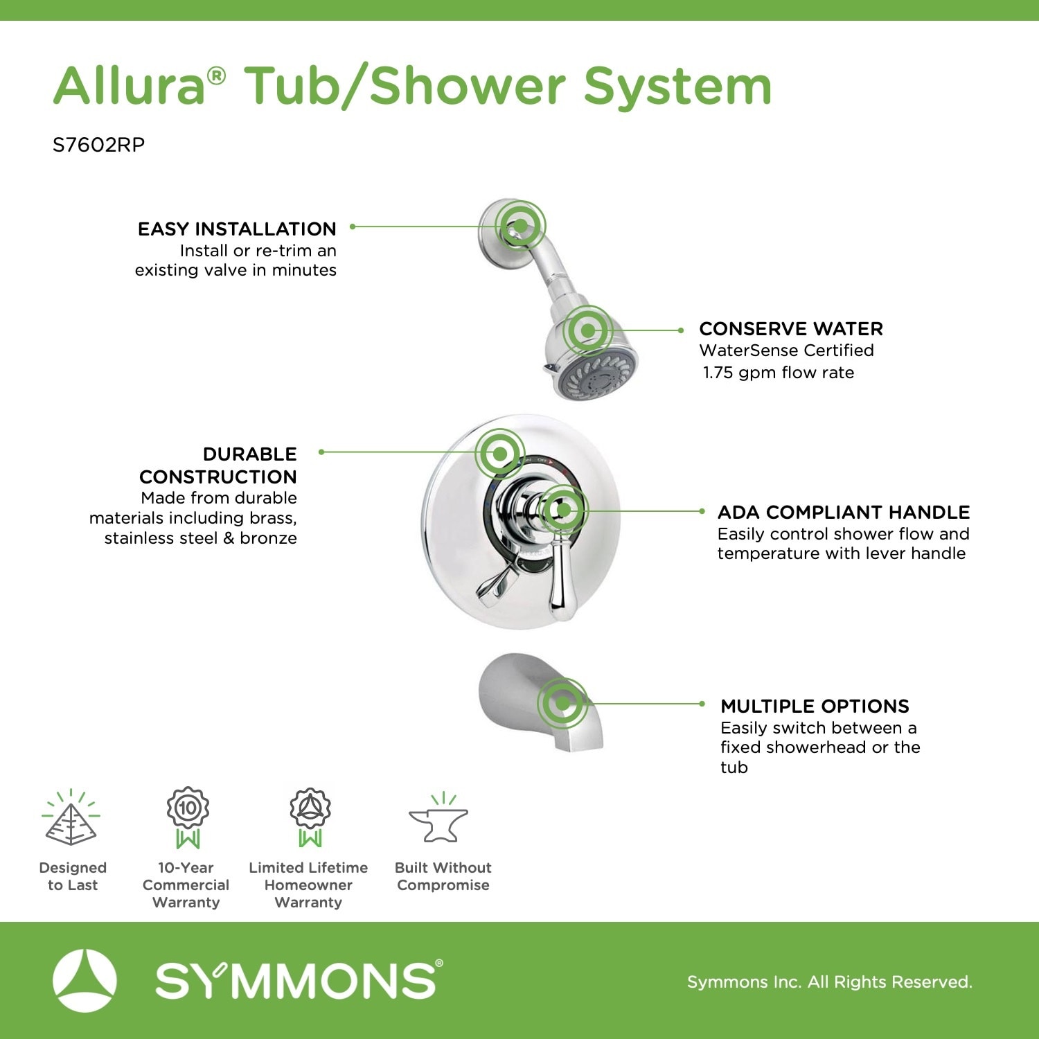 Grifo para bañera y regadera redondo de 1 manija, multi-función en cromo Symmons Allura con válvula S7602RP