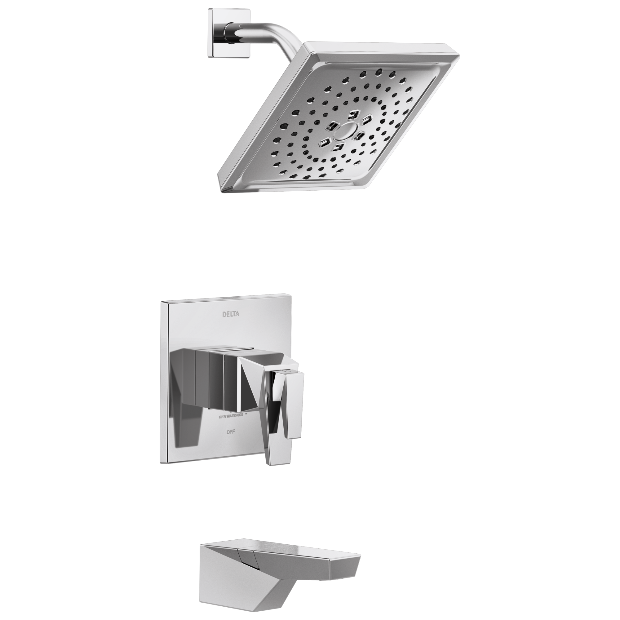 Grifo de bañera y ducha de 2 manijas, multifunción, cuadrado de 7.625 pulgadas, cromado Lumicoat Delta Trillian T17T443-PR