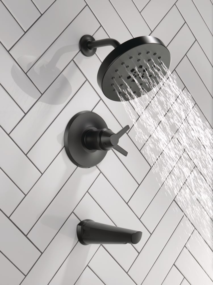 Grifo de Bañera y Ducha Redonda de 8 Pulgadas con Acabado Negro Mate de Dos Manijas y Funciones Múltiples Delta Galeon T17T471-BL