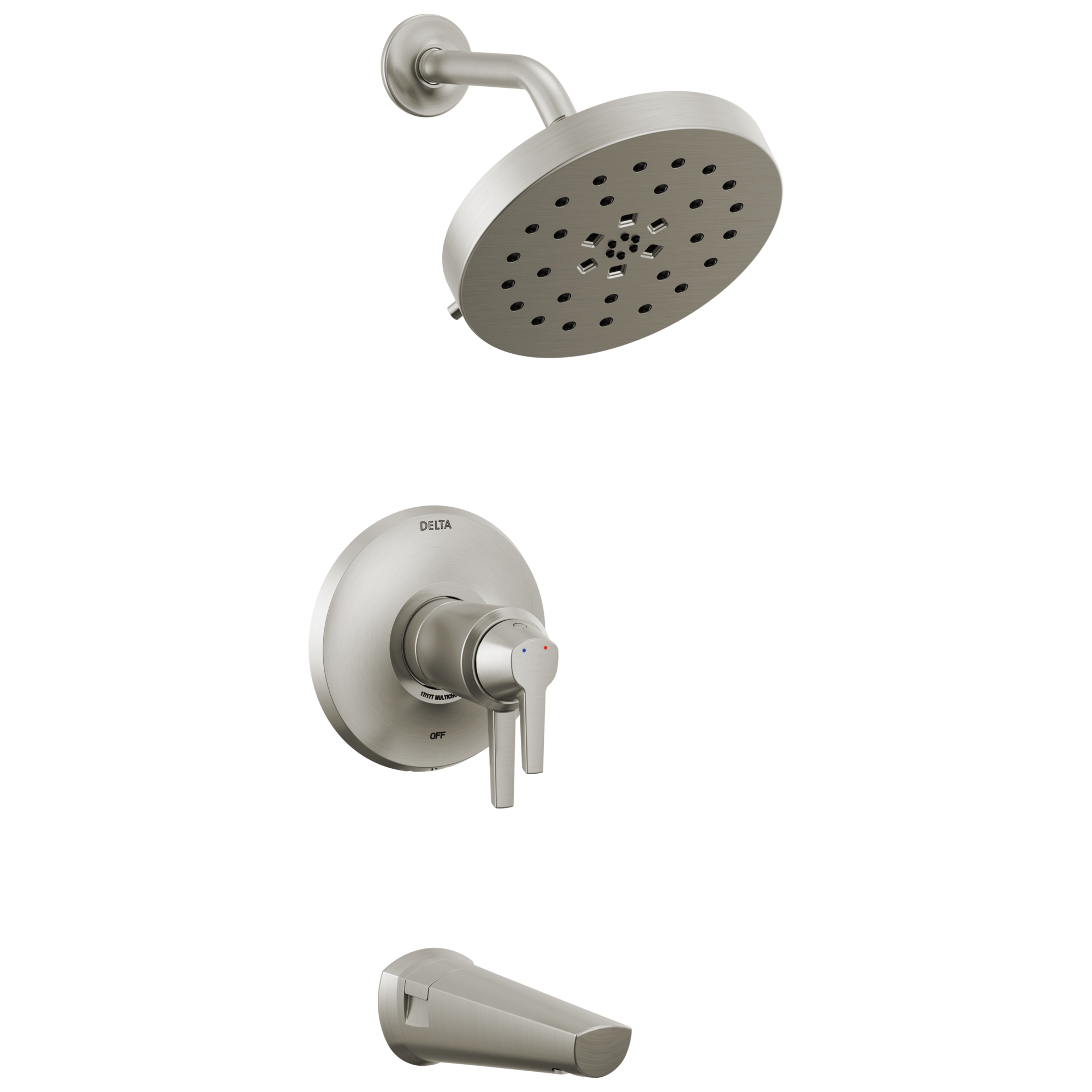 Mezcladora para bañera y regadera redonda de 8 pulgadas con 2 manijas de acero inoxidable y funciones múltiples Lumicoat Delta Galeon T17T471-SS-PR