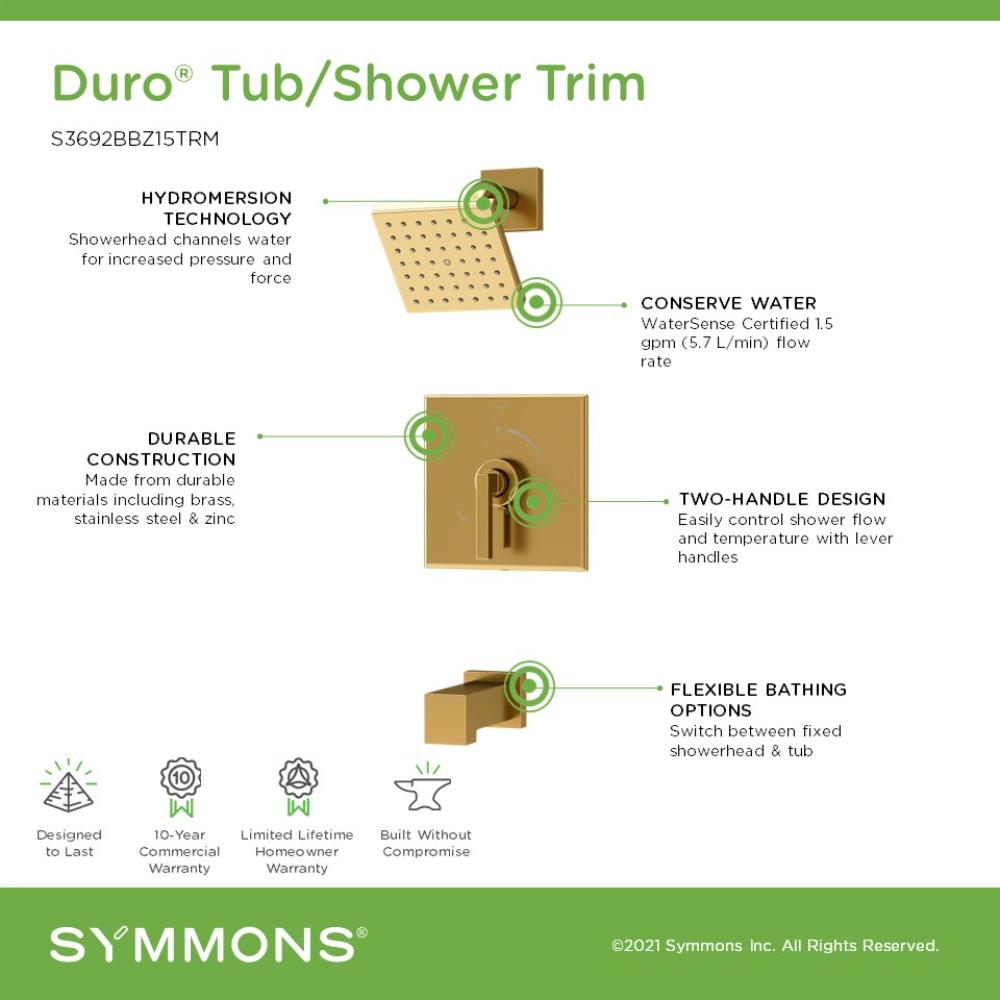 Mezcladora de Bañera y Ducha de 1 Manija en Bronce Cepillado Symmons Duro con Función Única de 4.92 Pulgadas Square