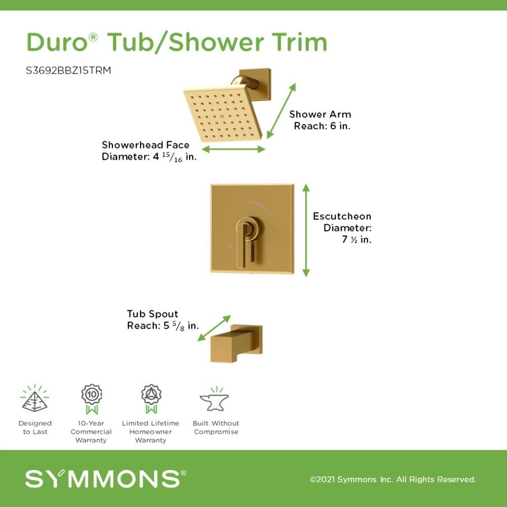 Mezcladora de Bañera y Ducha de 1 Manija en Bronce Cepillado Symmons Duro con Función Única de 4.92 Pulgadas Square
